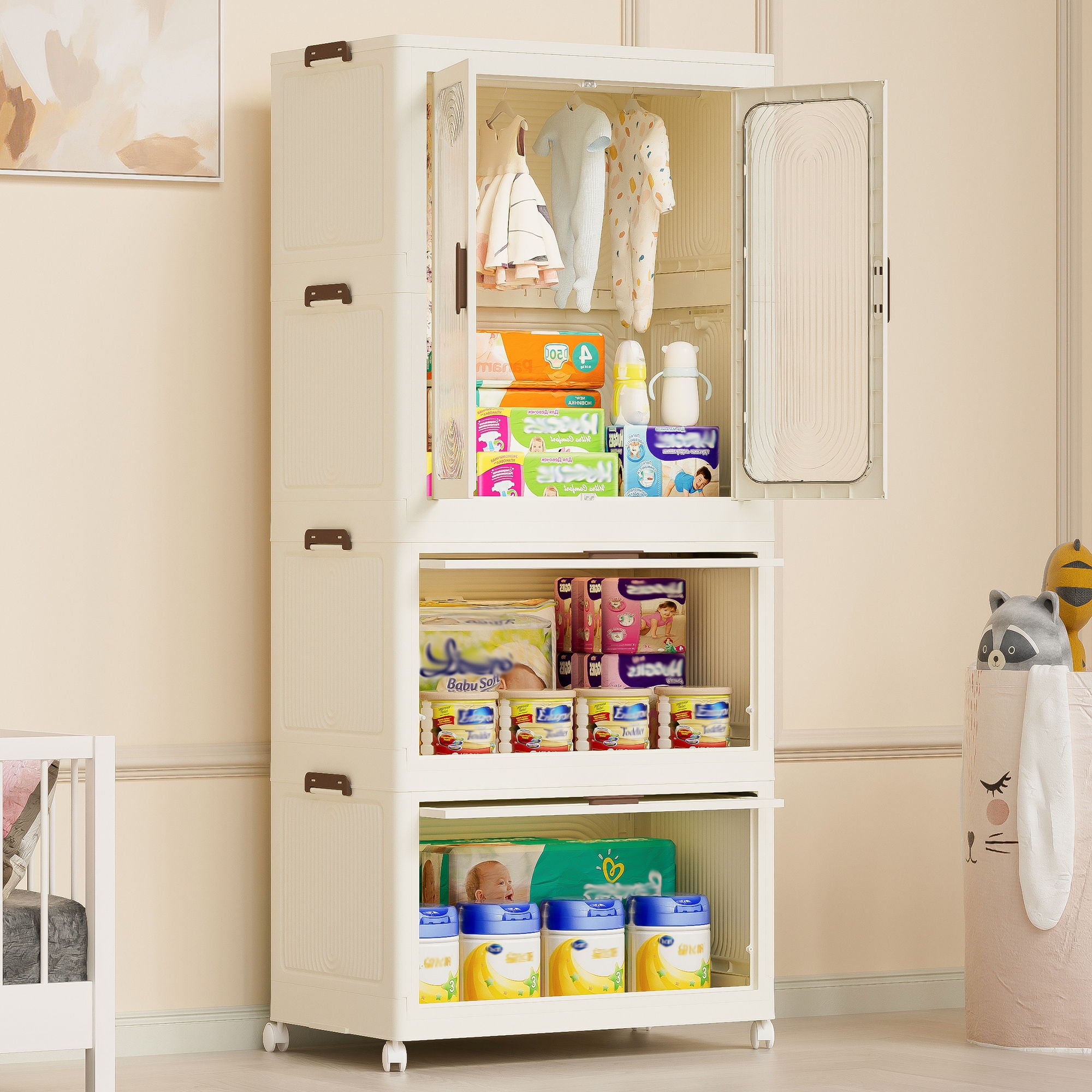 Portable Wardrobe Closet Storage Organizer With Magnetic Doors And Hanging Rod - Cream White