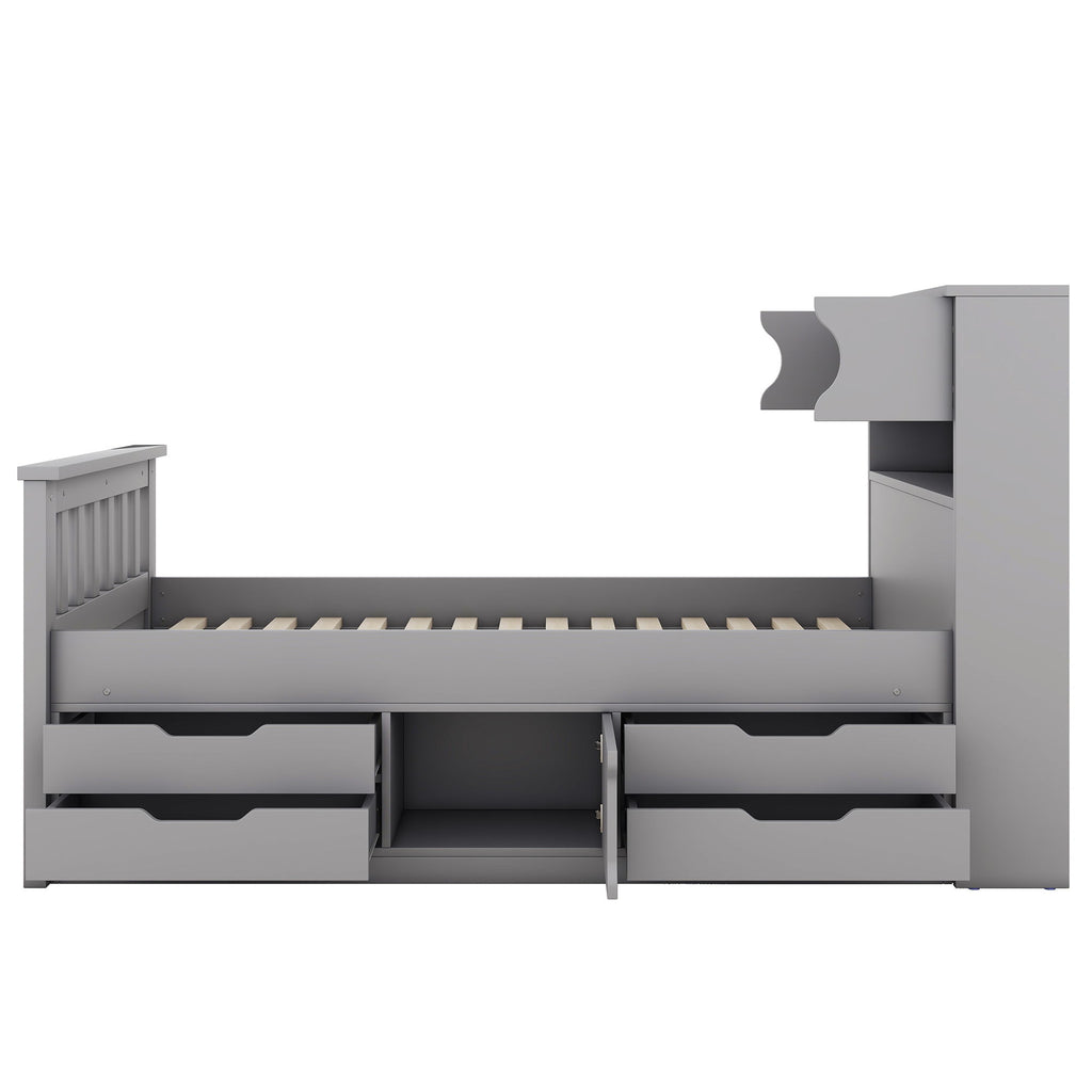 Captain Platform Bed Frame With Storage Bookcases, Shelves, And 4 Drawers