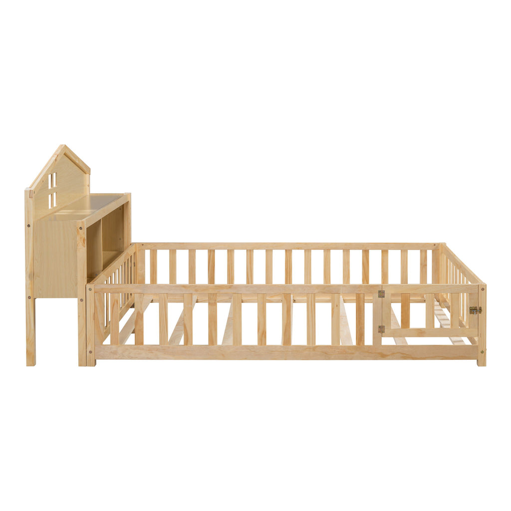 Full Size Montessori Floor Bed With Bookcases And boards, Solid Wood Platform Bed With Guard Rails And Storage Headboards - Natural