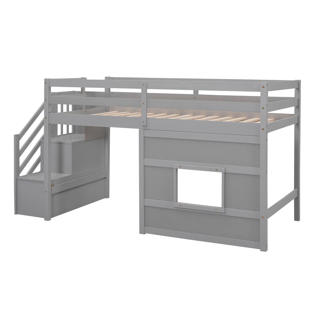Loft Bed With Storage Staircase, Window & LED Light