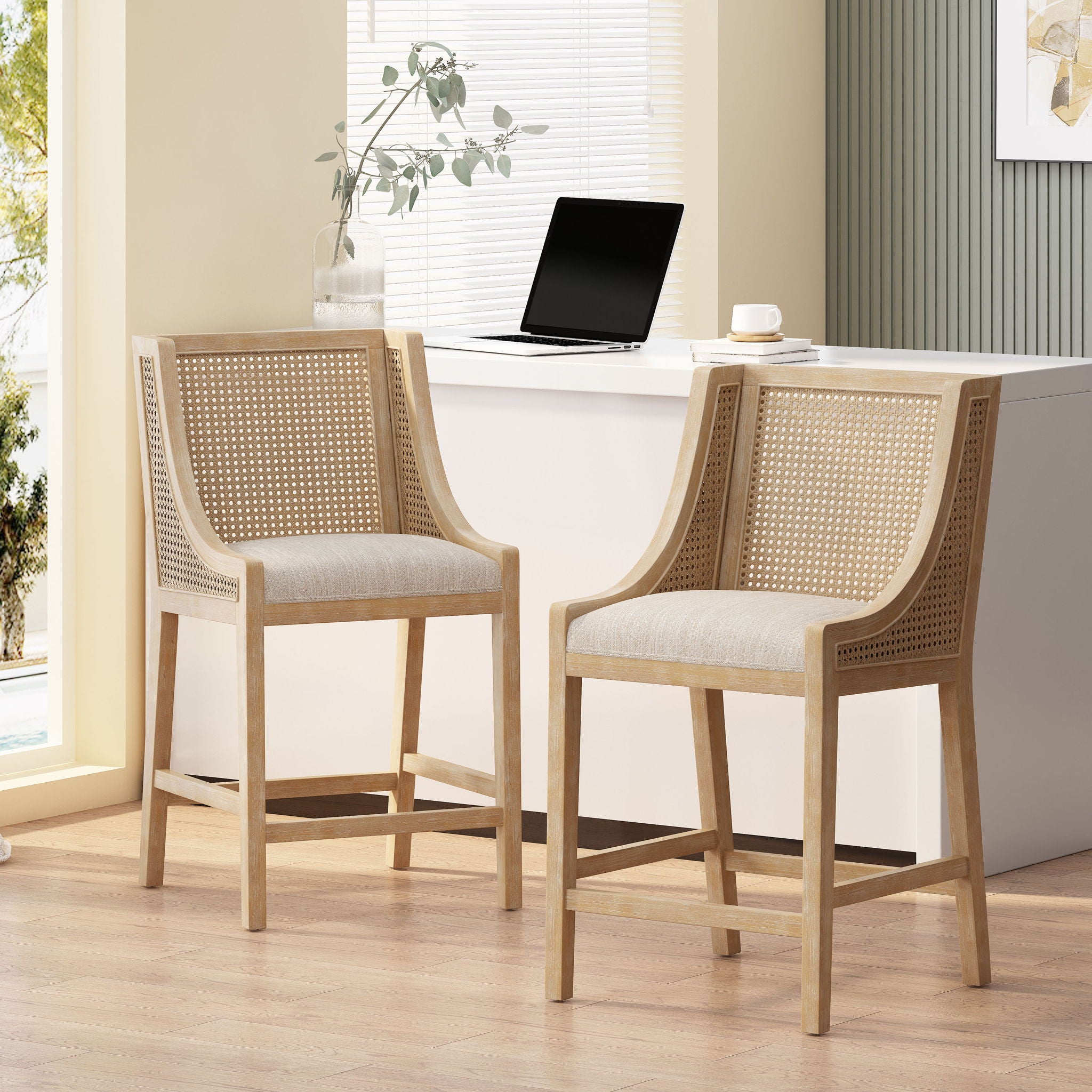 French Country Fabric Upholstered Counter Stools (Set of 2)