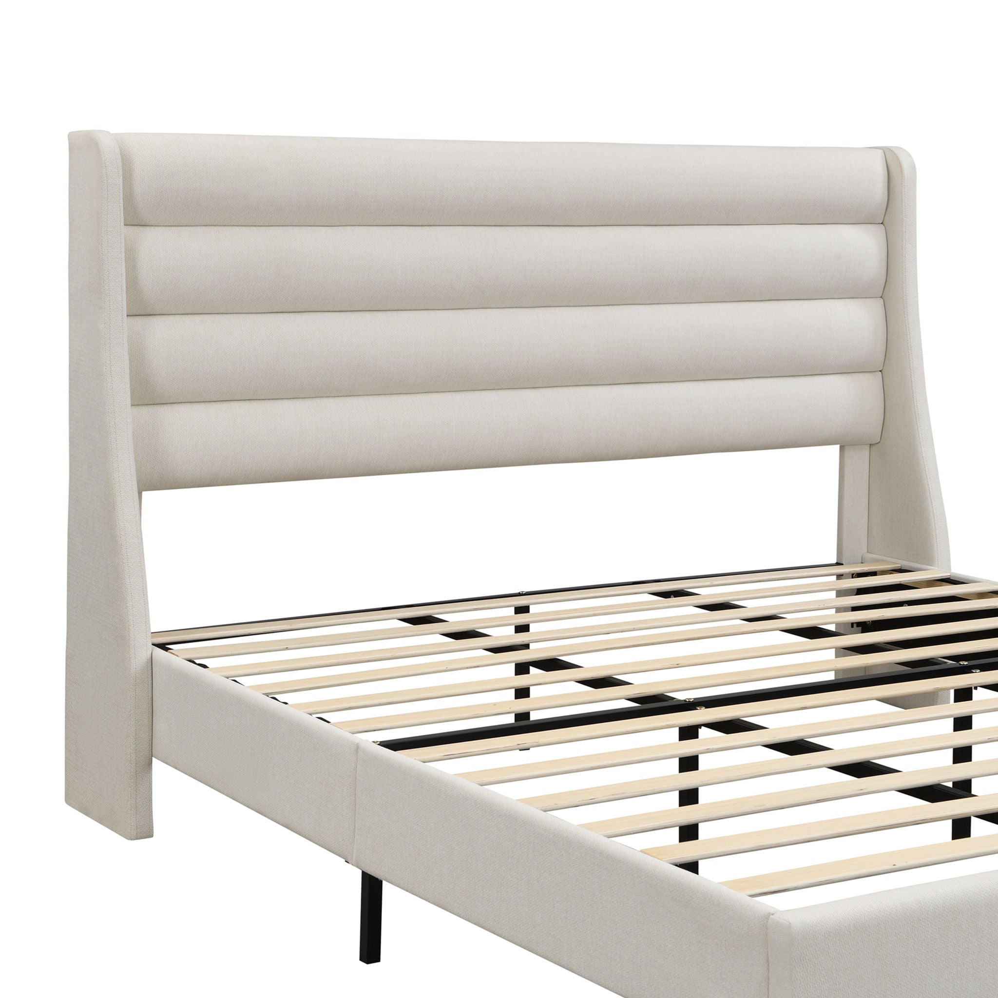 Modern Upholstered Platform Bed With Wave Shaped Headboard