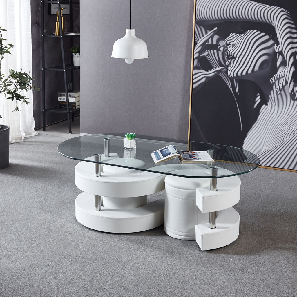 3 Pieces Coffee Table Set, Oval 10 Mm / Thick Tempered Glass Table And 2 Stools - White