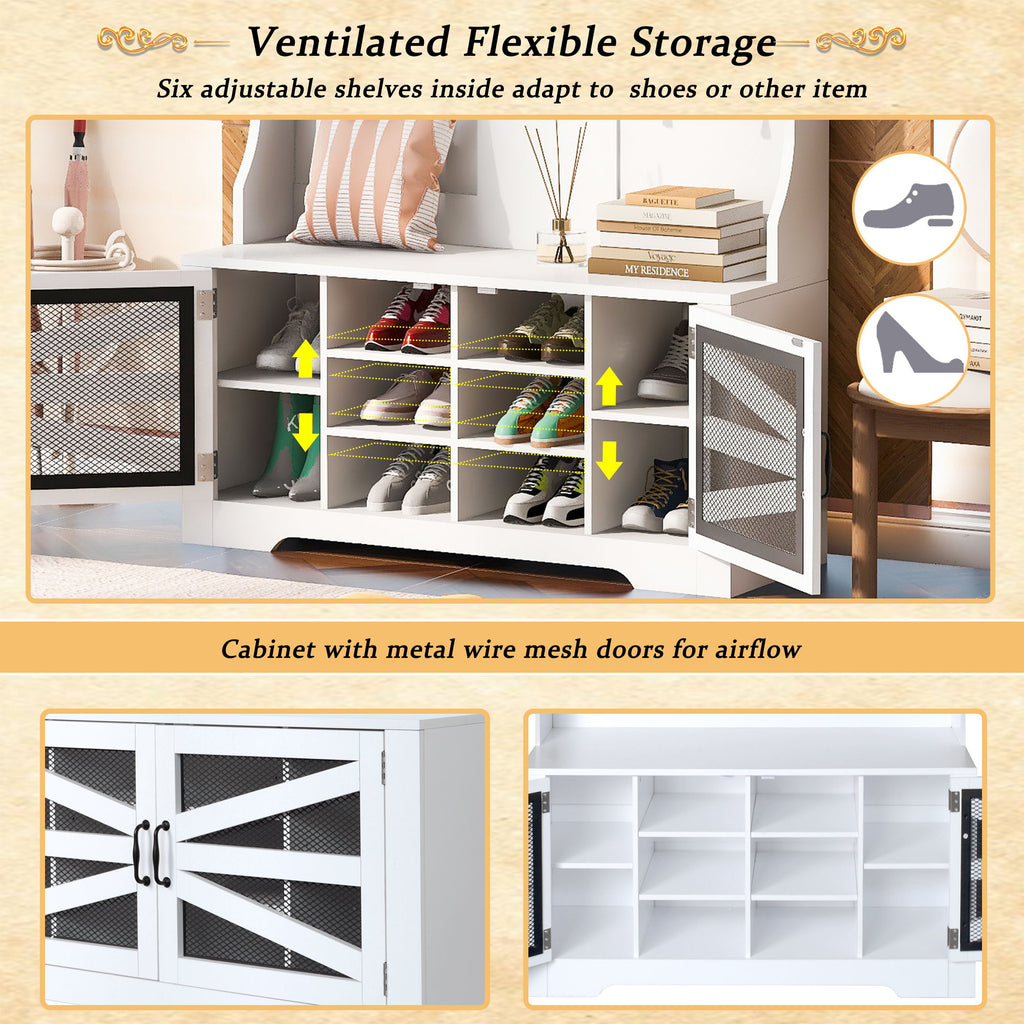 Entryway Bench With Coat Rack, 3 In 1 Design And Adjustable Shelves
