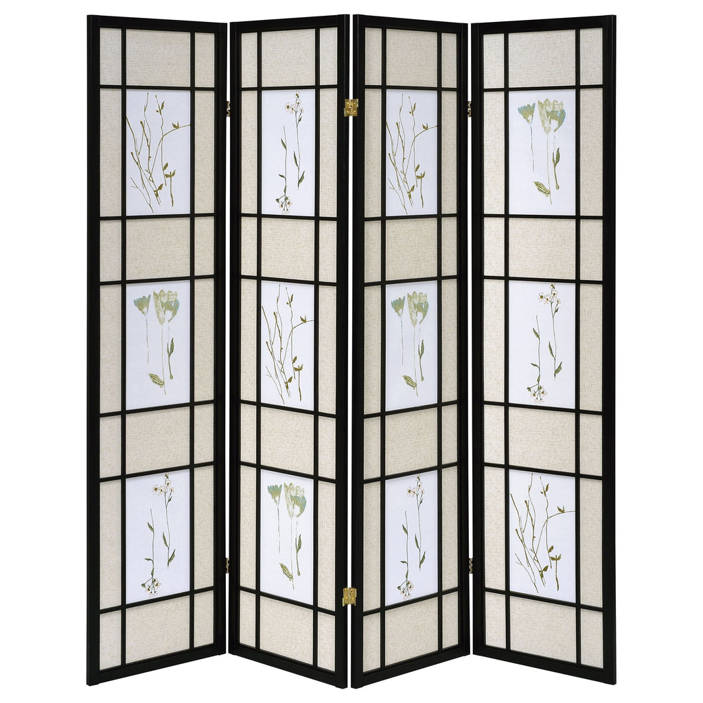 4 Panel Folding Screen With Floral Motif - Black