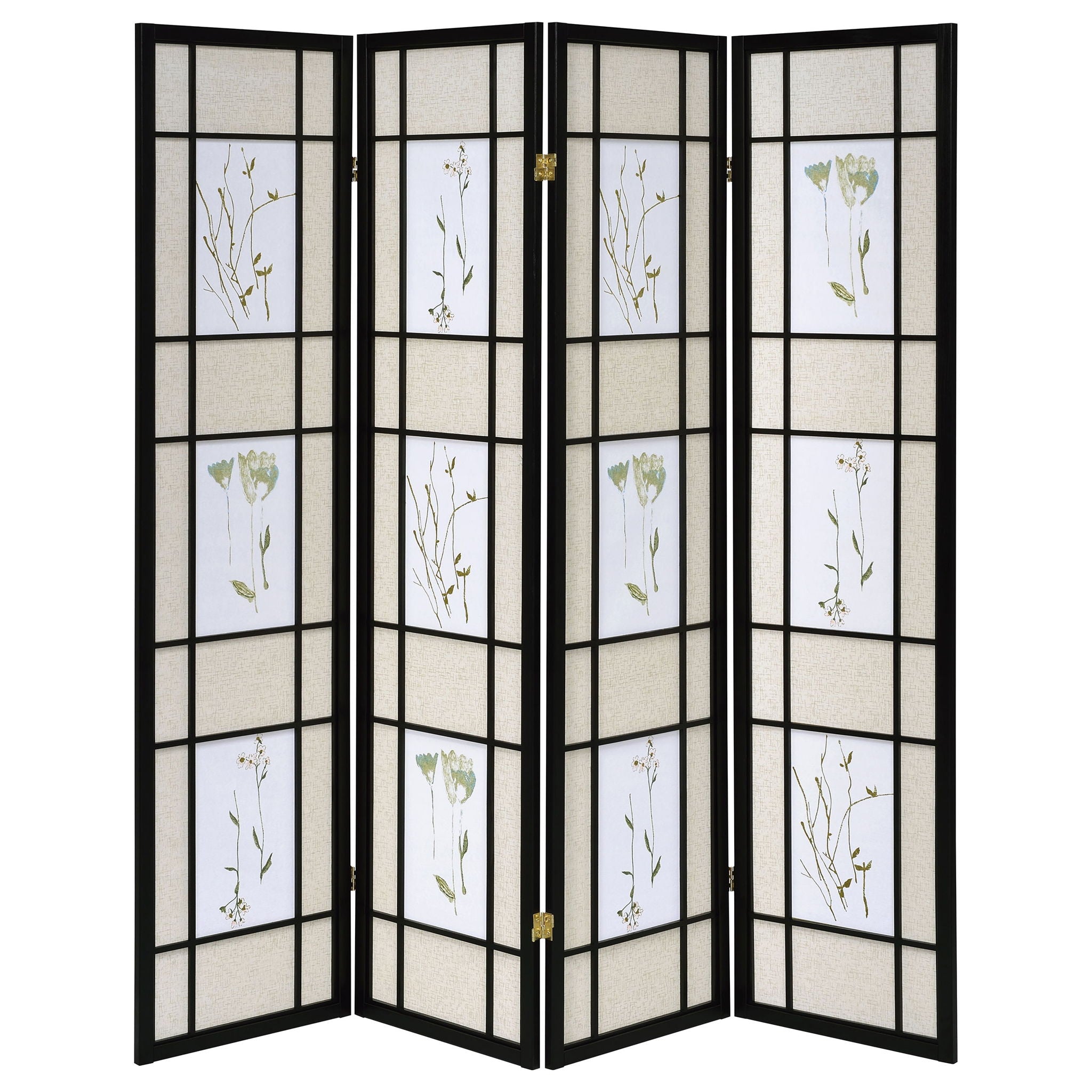4 Panel Folding Screen With Floral Motif - Black