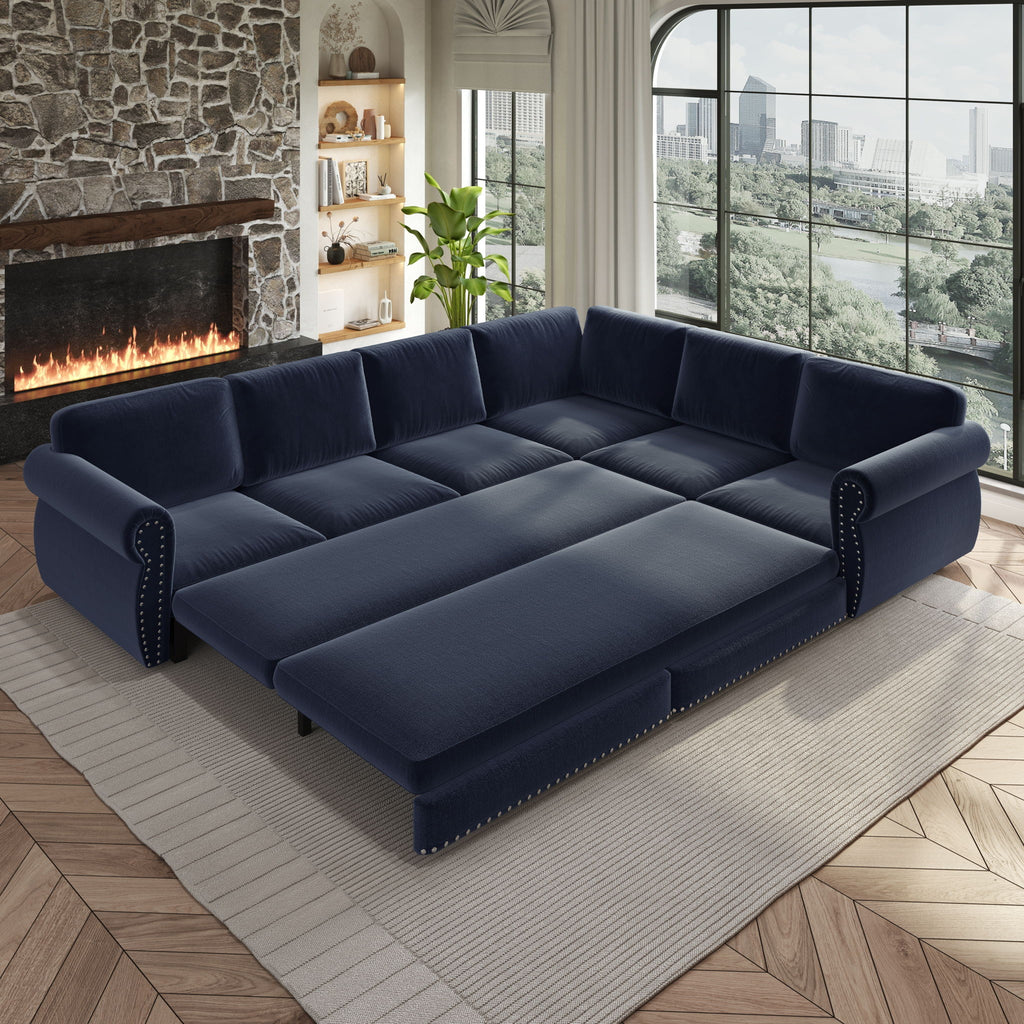 L-Shaped Sofa Couch With Pull Out Bed With Nailhead Trim & Rolled Arm