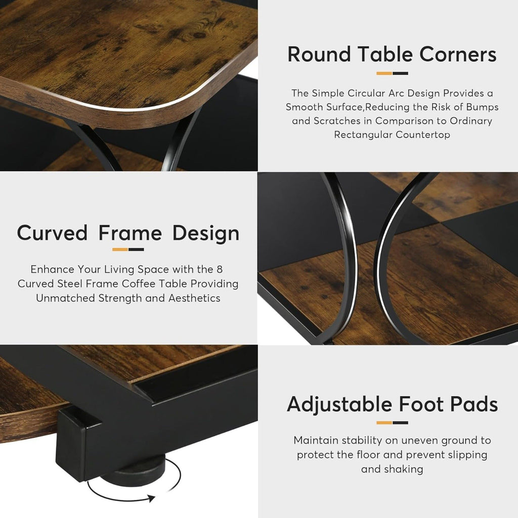 Square Coffee Table With Storage Shelf, 2 Tier For Living Room - Brown / Black