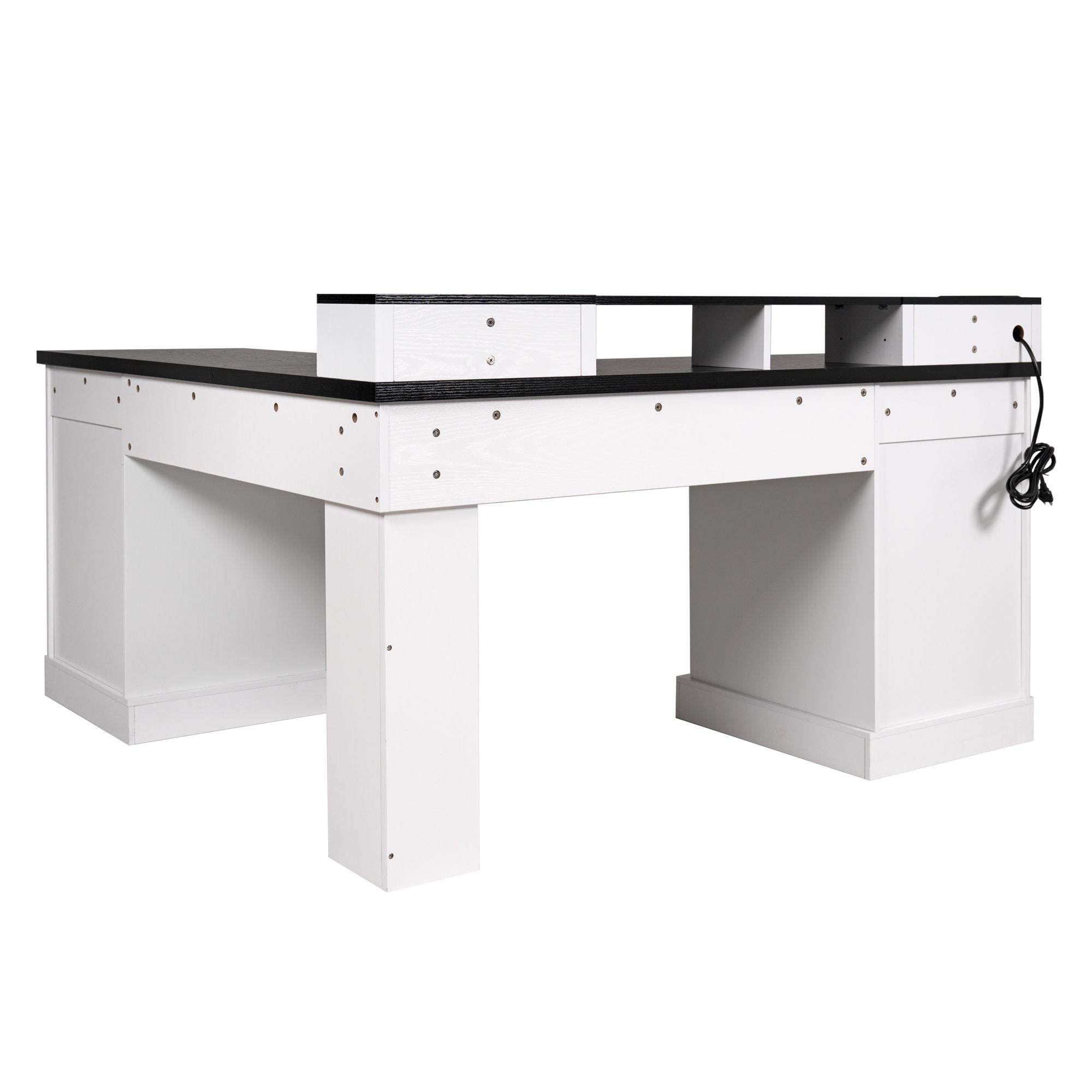 Fluted L-Shaped Desk With Charging Station & Storage Cabinet