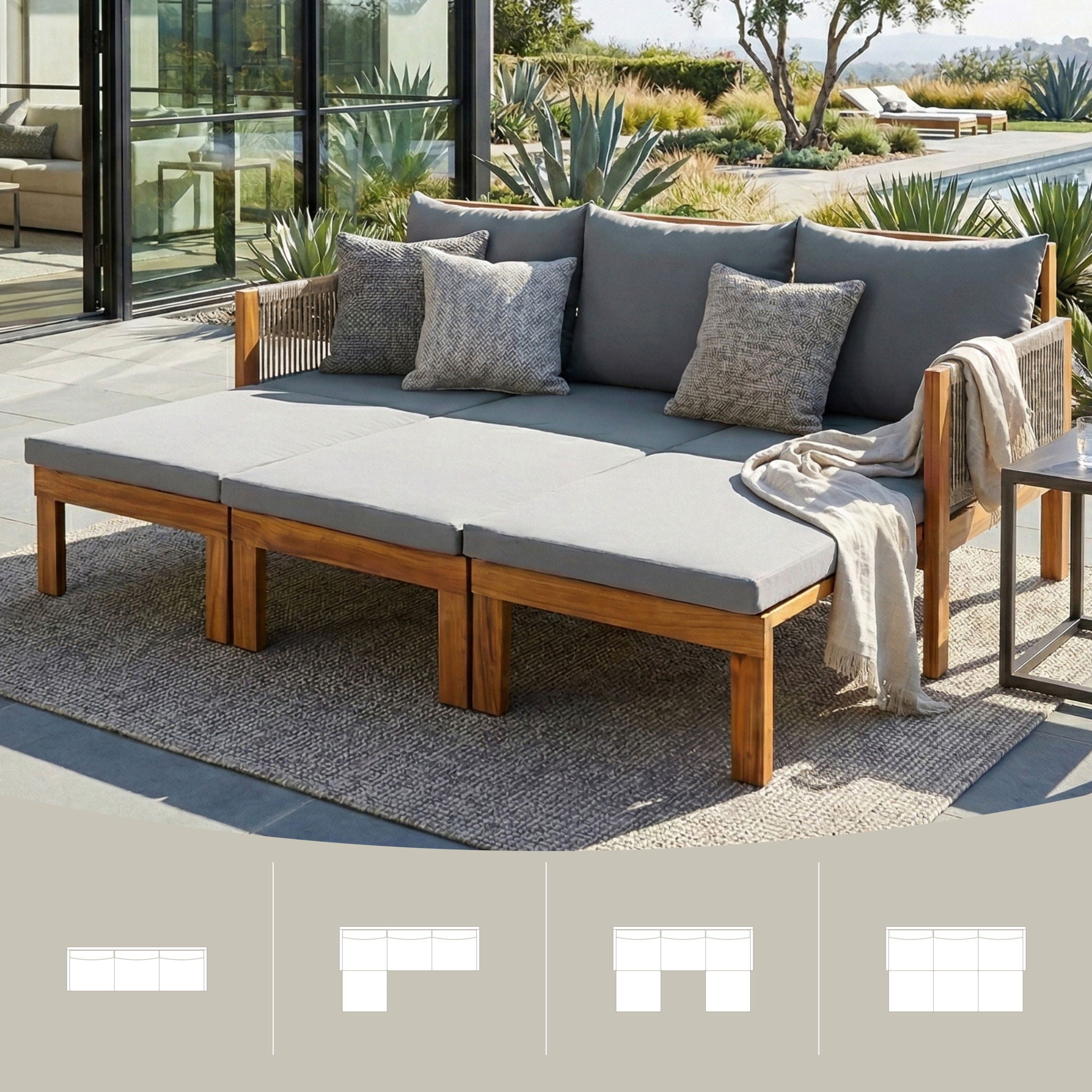 Outdoor Daybed, Patio Sofa Bed, 3 Seat Convertible Sunbed