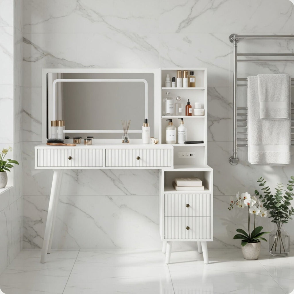 Fluted Vanity Desk With Lighted Mirror & Outlet 4 Drawer, Makeup Table - White