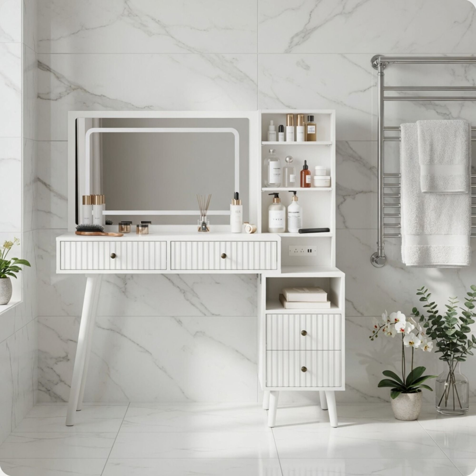 Fluted Vanity Desk With Lighted Mirror & Outlet 4 Drawer, Makeup Table - White