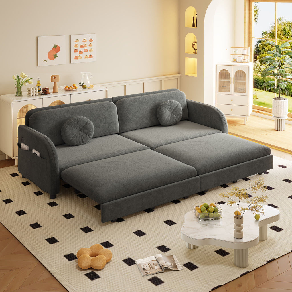 Upholstered Pull Out Couch With Side Pocket & USB Port