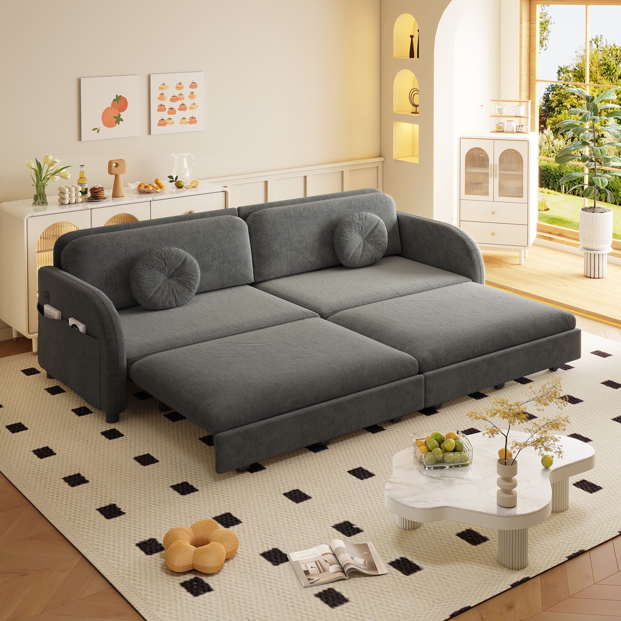 Upholstered Pull Out Couch With Side Pocket & USB Port