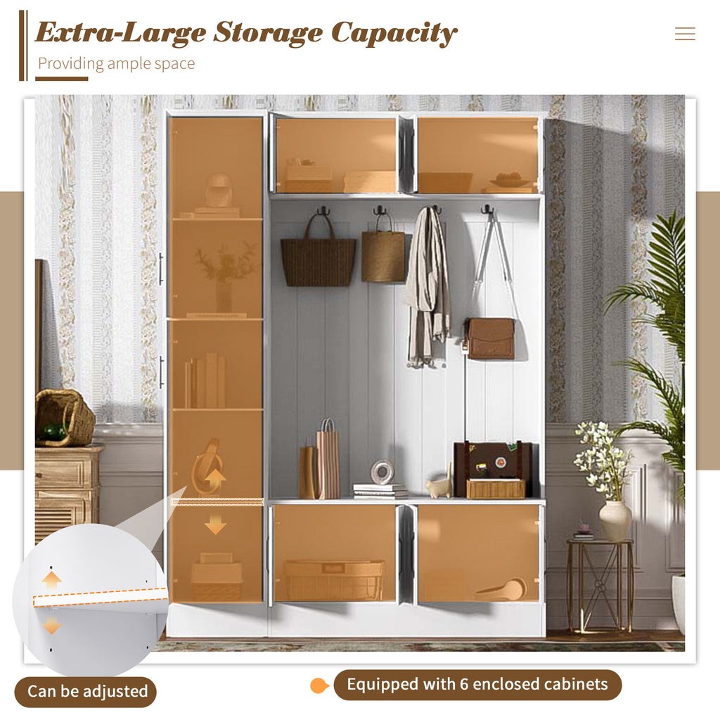 Tall Hall Tree With Shoe Storage, 4 In 1 Entryway Bench With 6 Cabinets, 4 Coat Hooks & Adjustable Shelf For Hallway - White