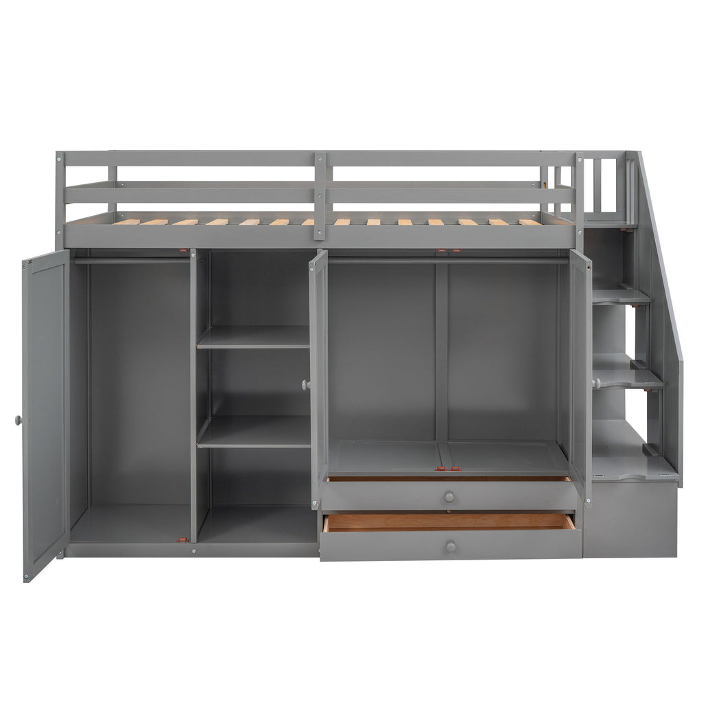 Loft Bed With 3 Shelves, 2 Wardrobes, 2 Drawers, Ladder Storage