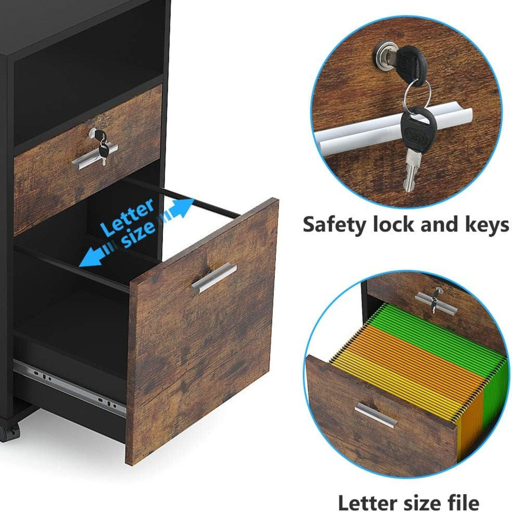 2 Drawer Mobile File Cabinet With Lock, Rolling Printer Stand For Letter Size Files - Black / Brown