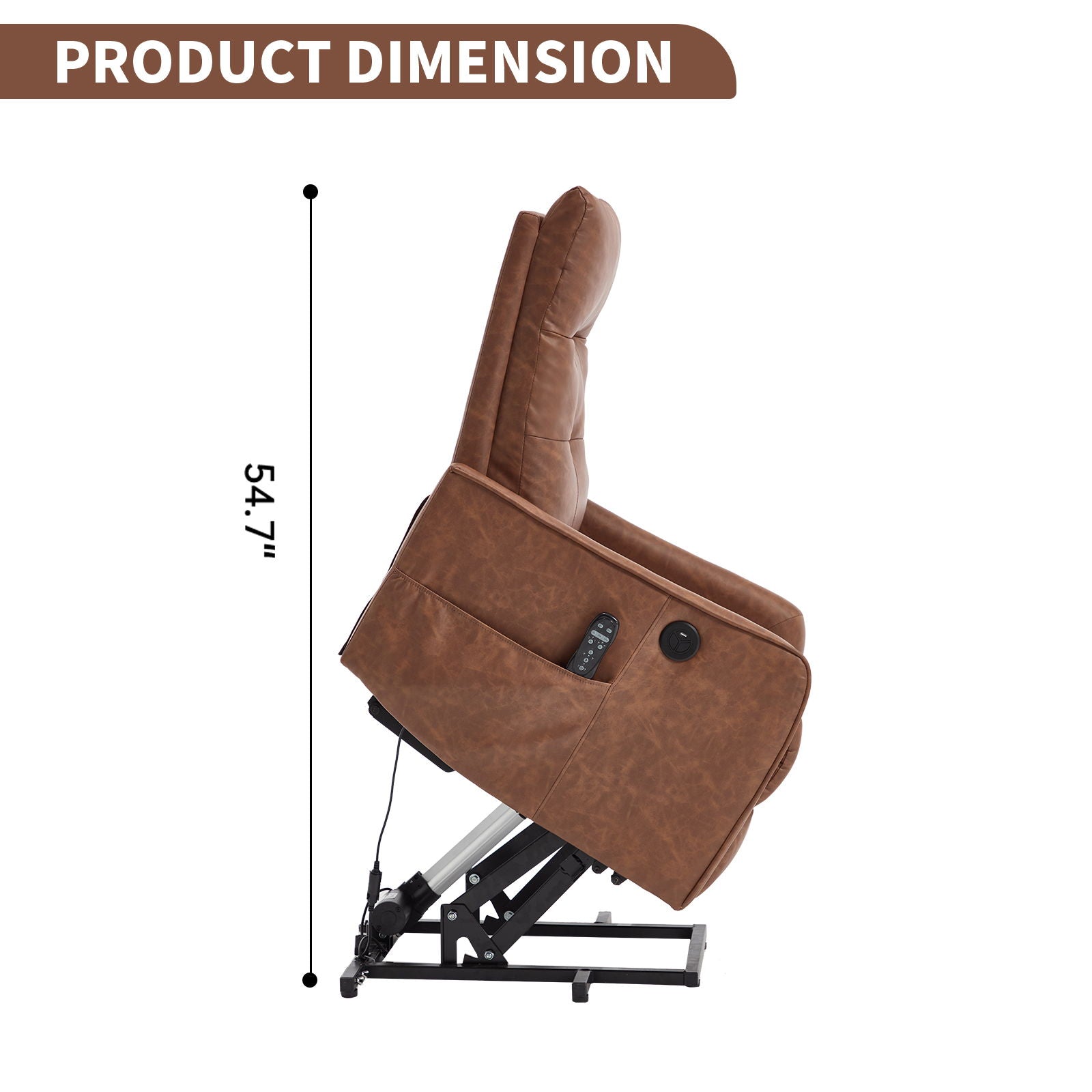Single Motor Power Lift Recliner Chair With Massage And Heat, USB For Charging - Brown