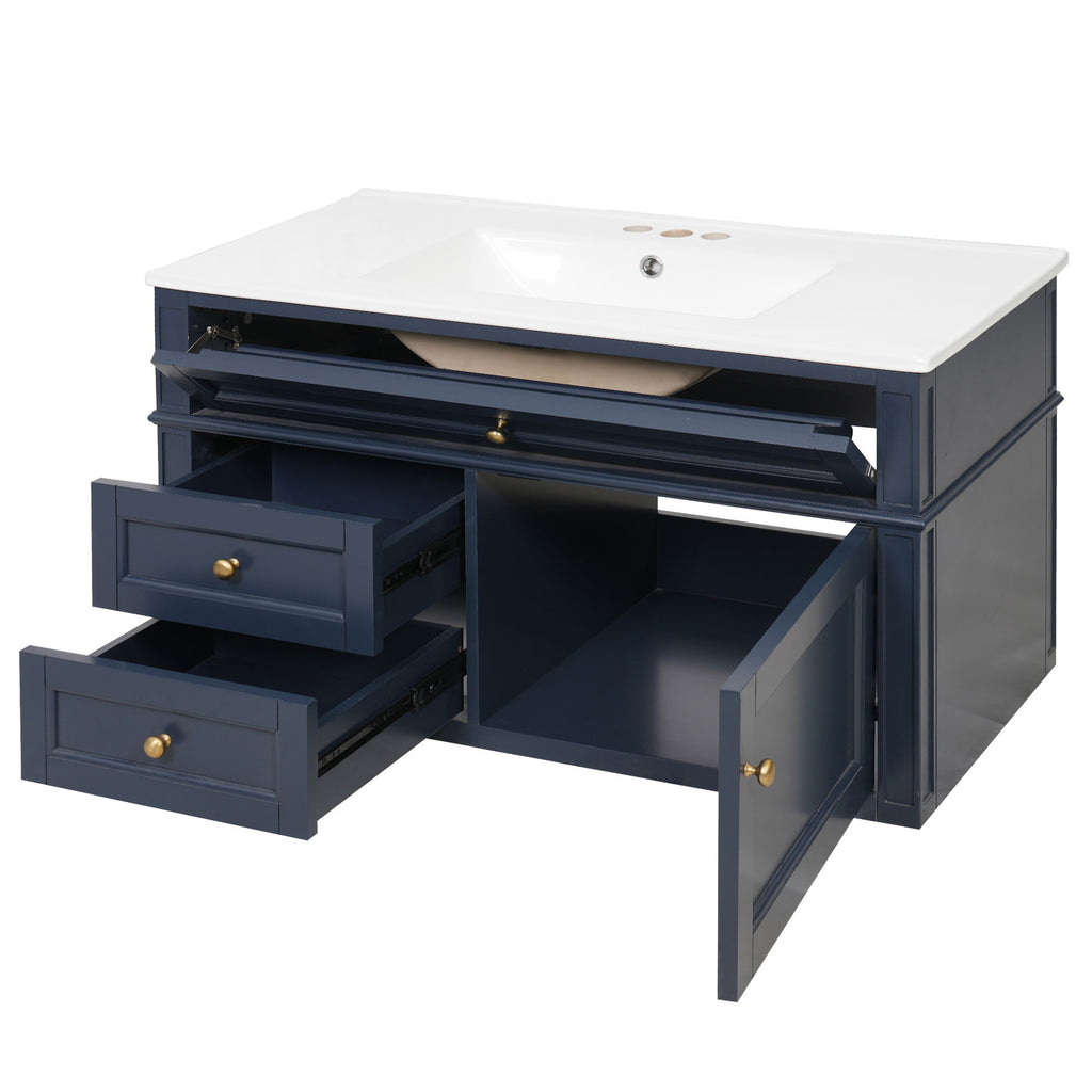 Modern Wall Mounted Floating Cabinet With Double Drawer And Sink
