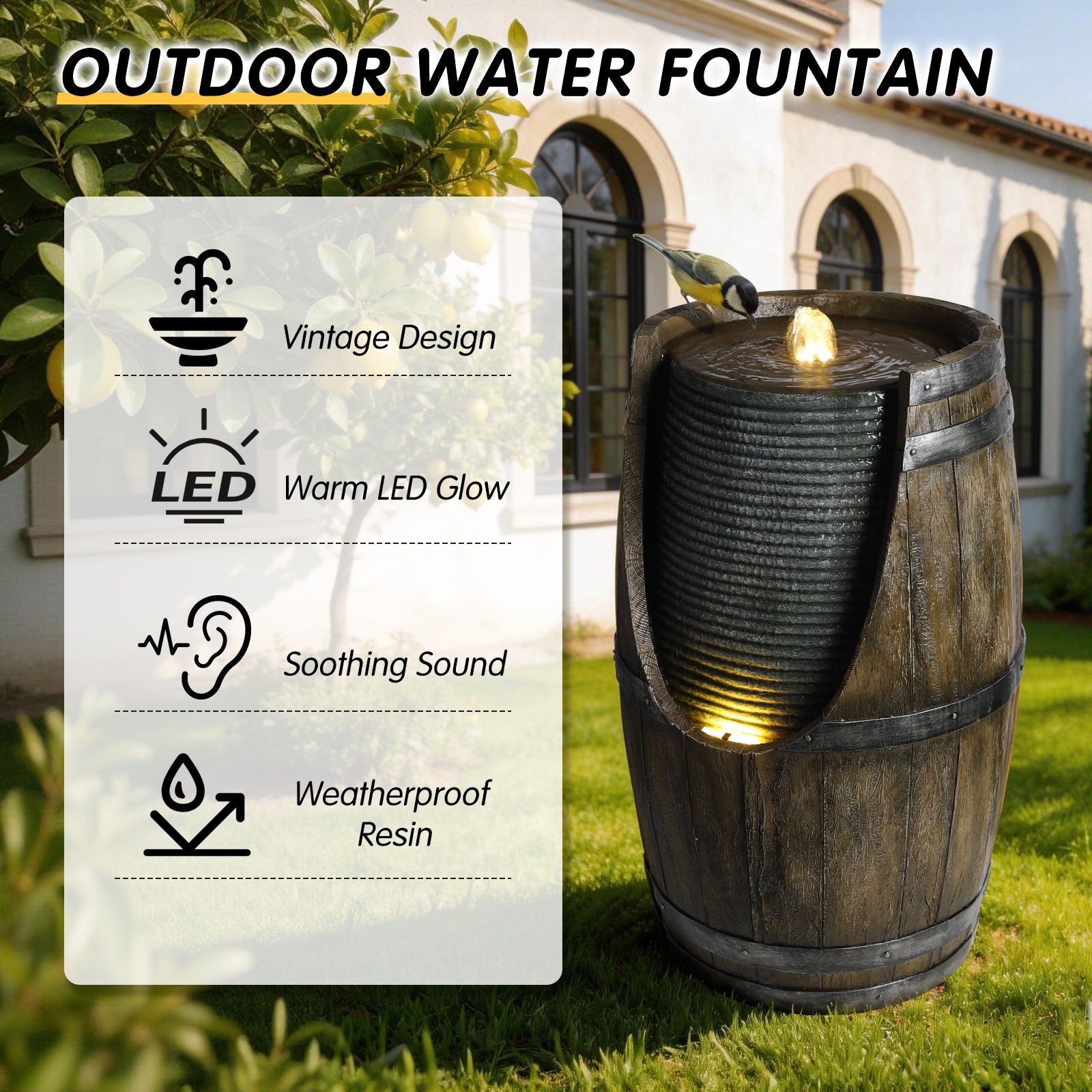 Rustic Barrel Water Fountain With LED Light