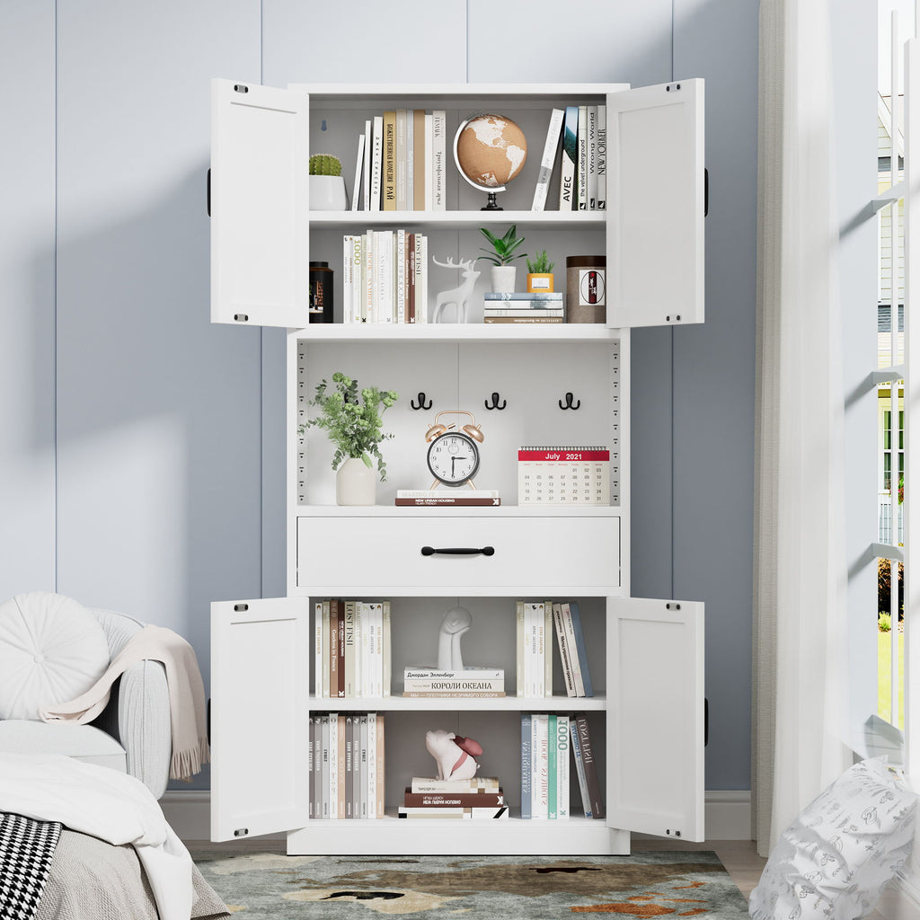 Kitchen Pantry Cabinet With Adjustable Shelves, Drawers, Hooks And Large Countertop - White