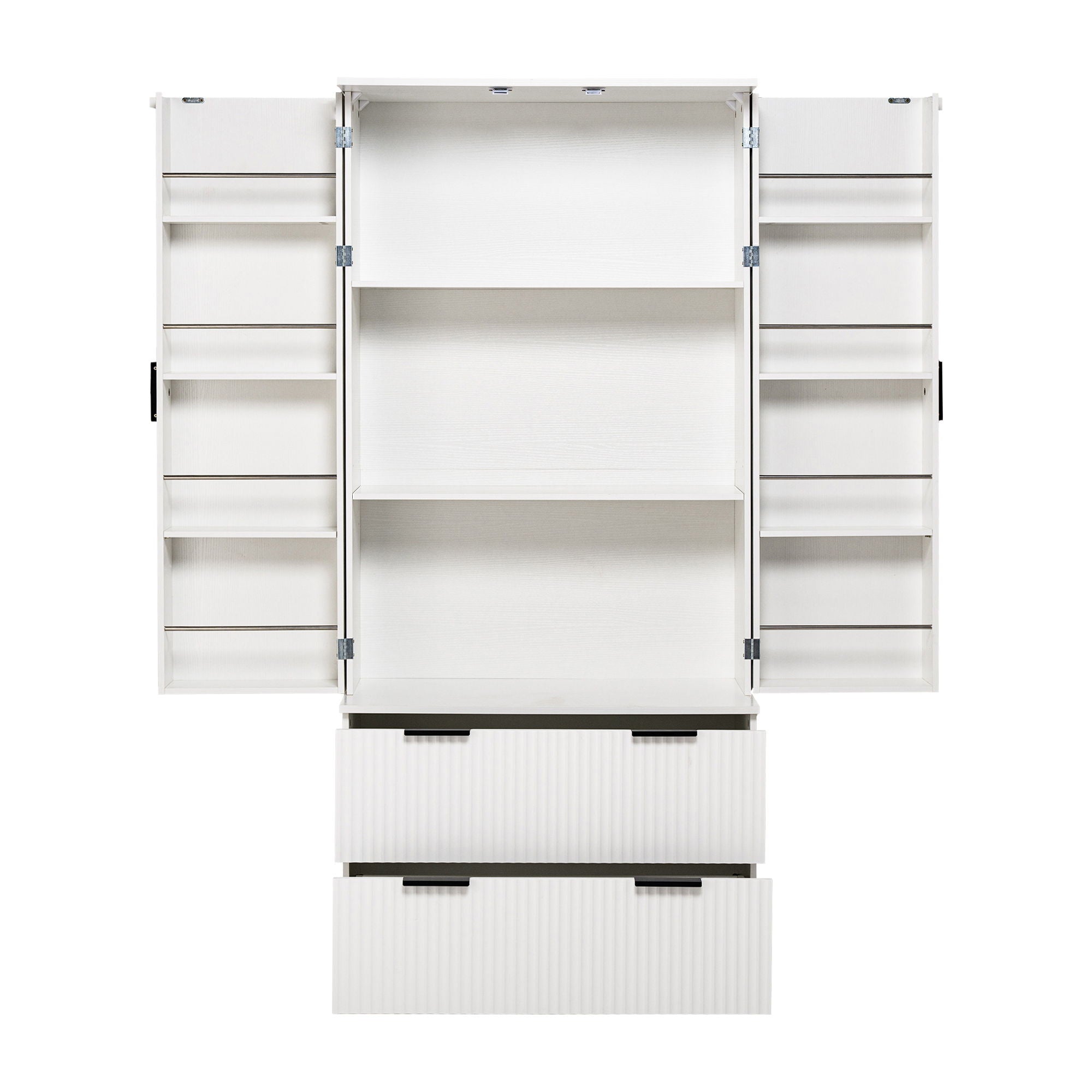 Fluted Kitchen Pantry Cabinet With 2 Large Drawers & 8 Door Spice Rack