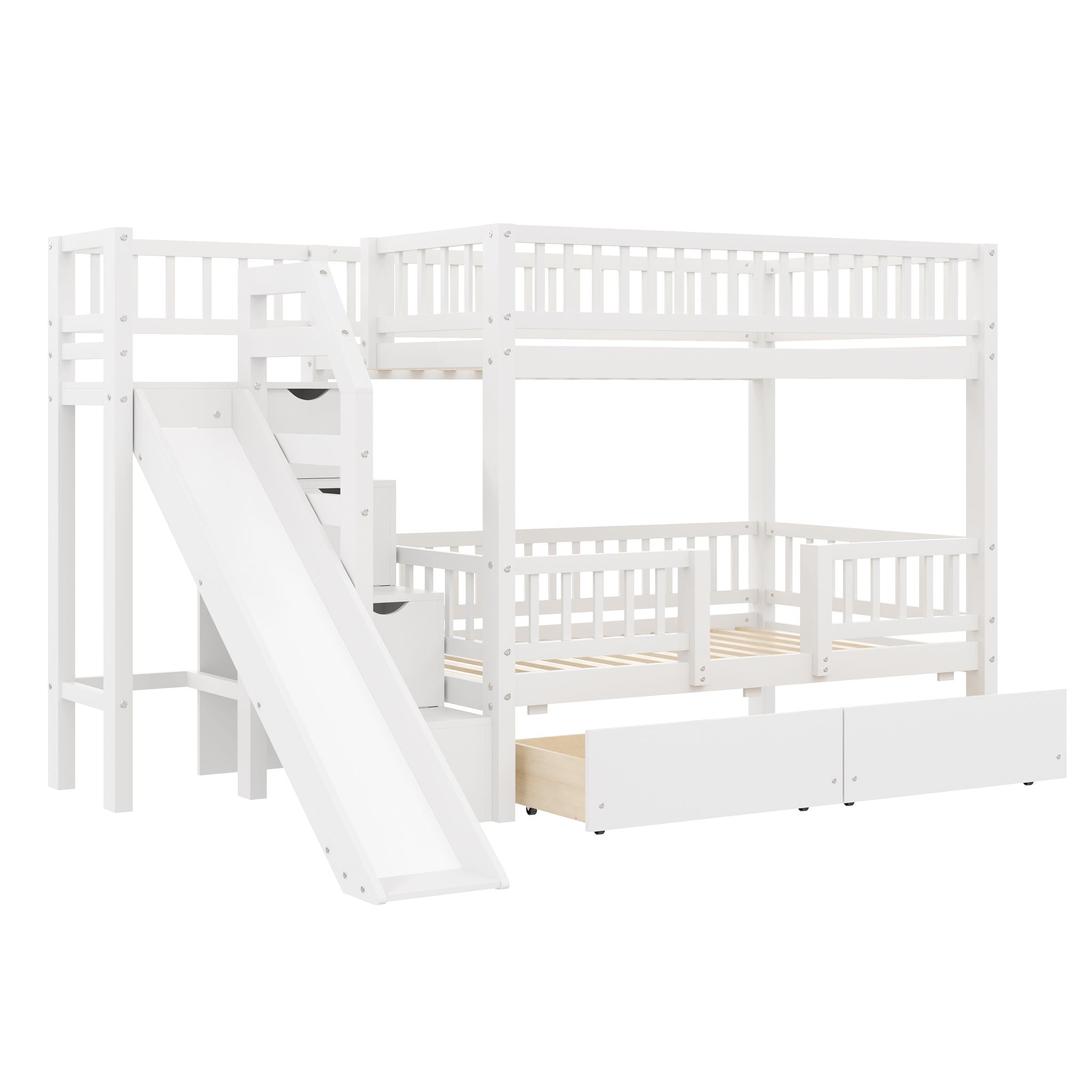 Bunk Bed With Storage Staircase, Slide And 2 Drawers