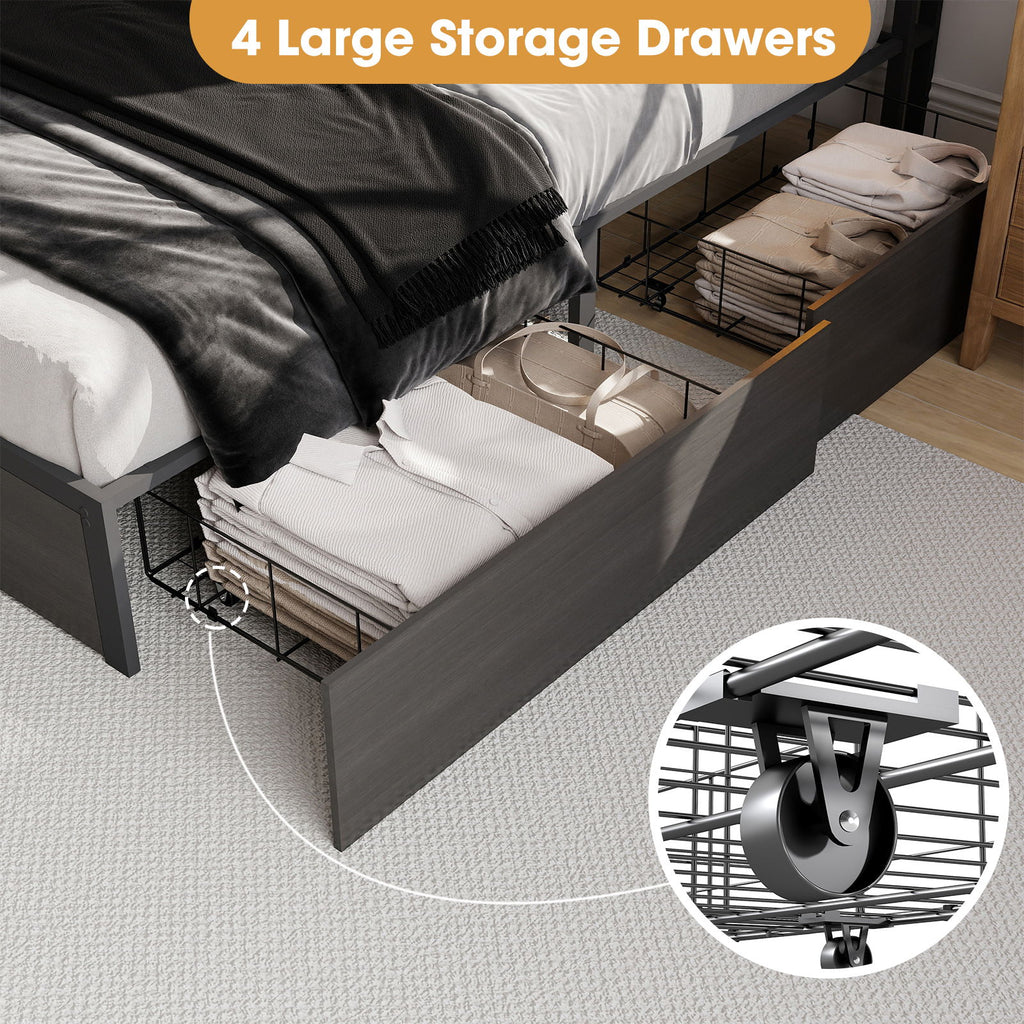 Bed Frame With Headboard, LED Lights & Charging Station