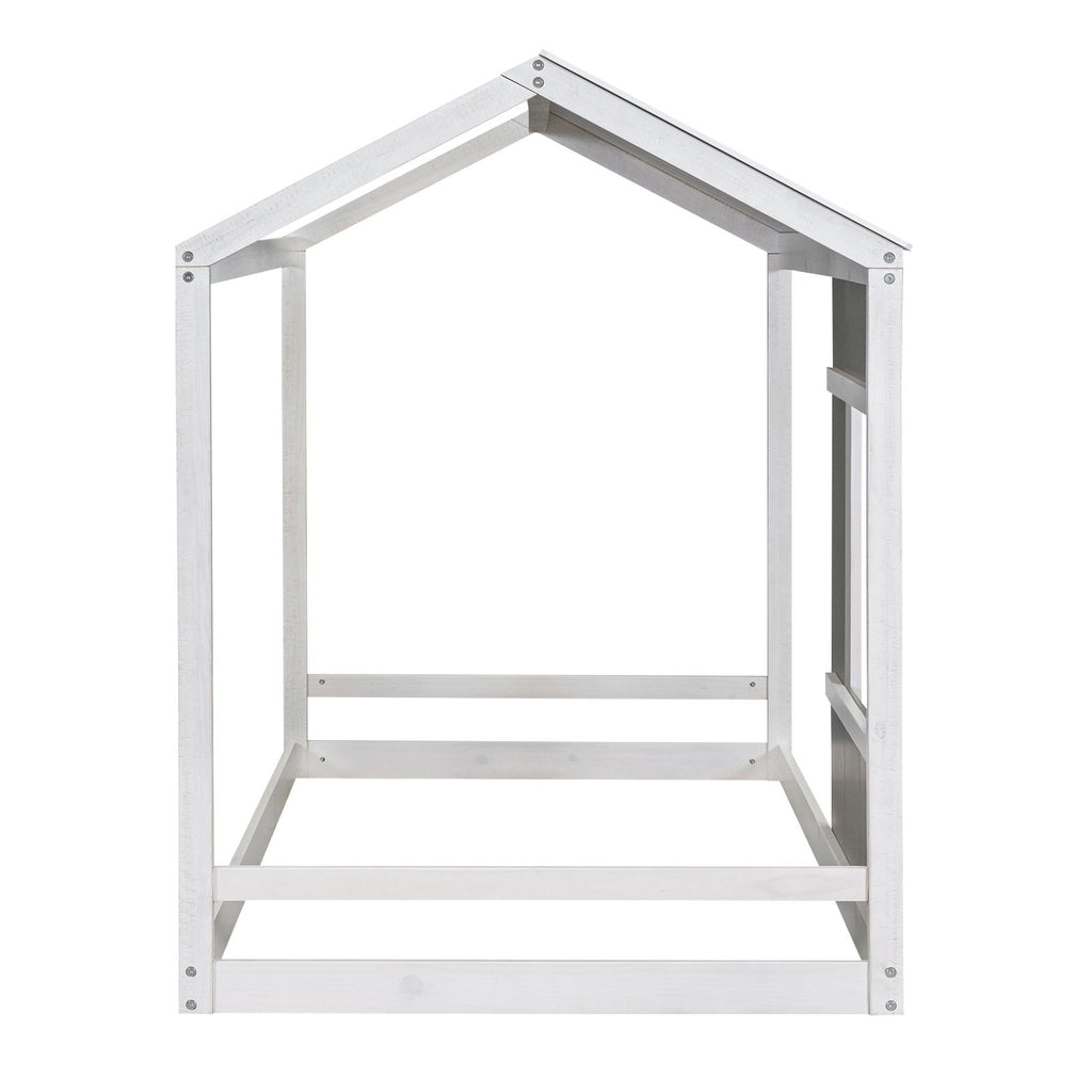 Twin Size House Platform Bed With Roof And Window - Natural / White