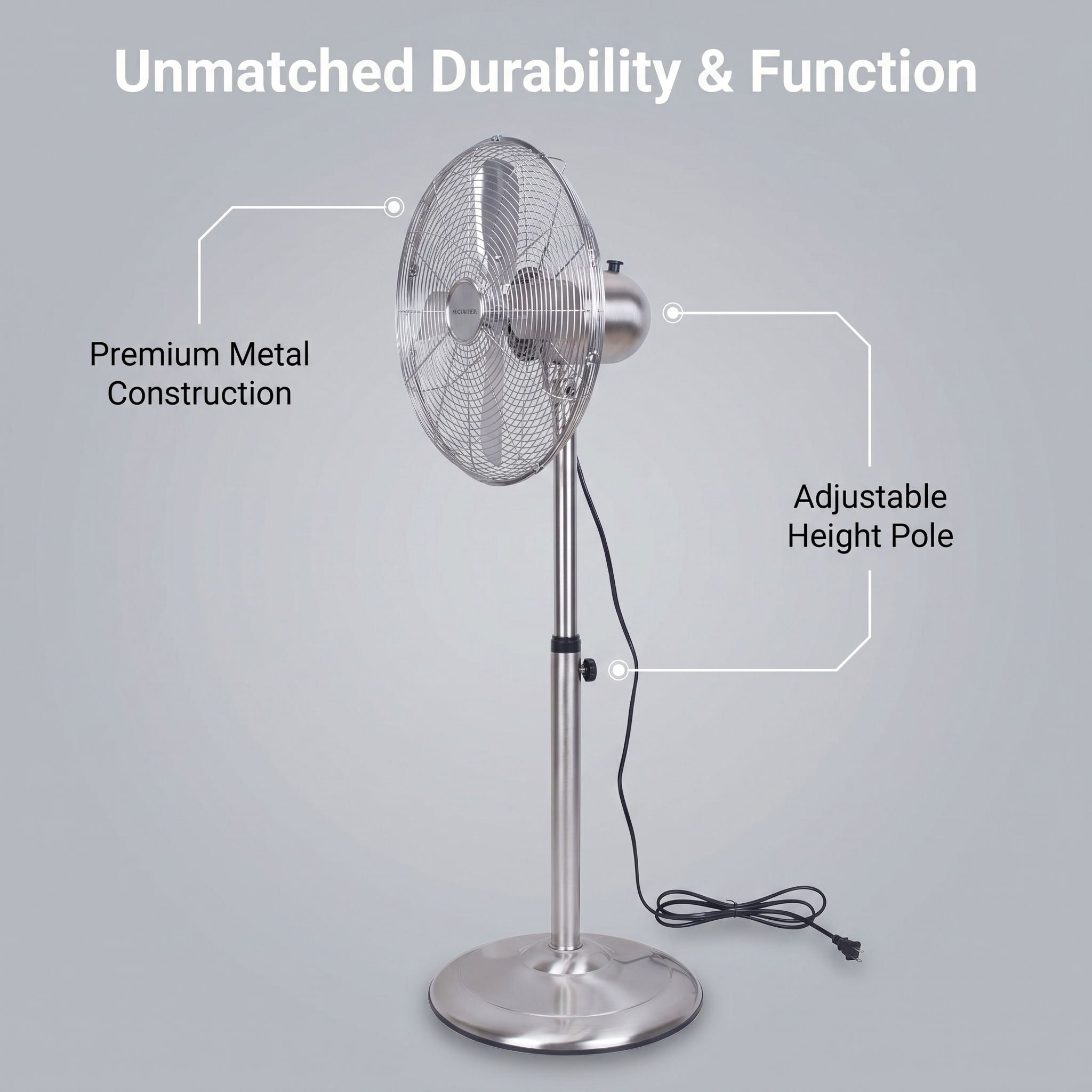 Stand Fan, 4 Blades, Rotary Knob Switch, Oscillation Function, Tilting Angle - Chrome