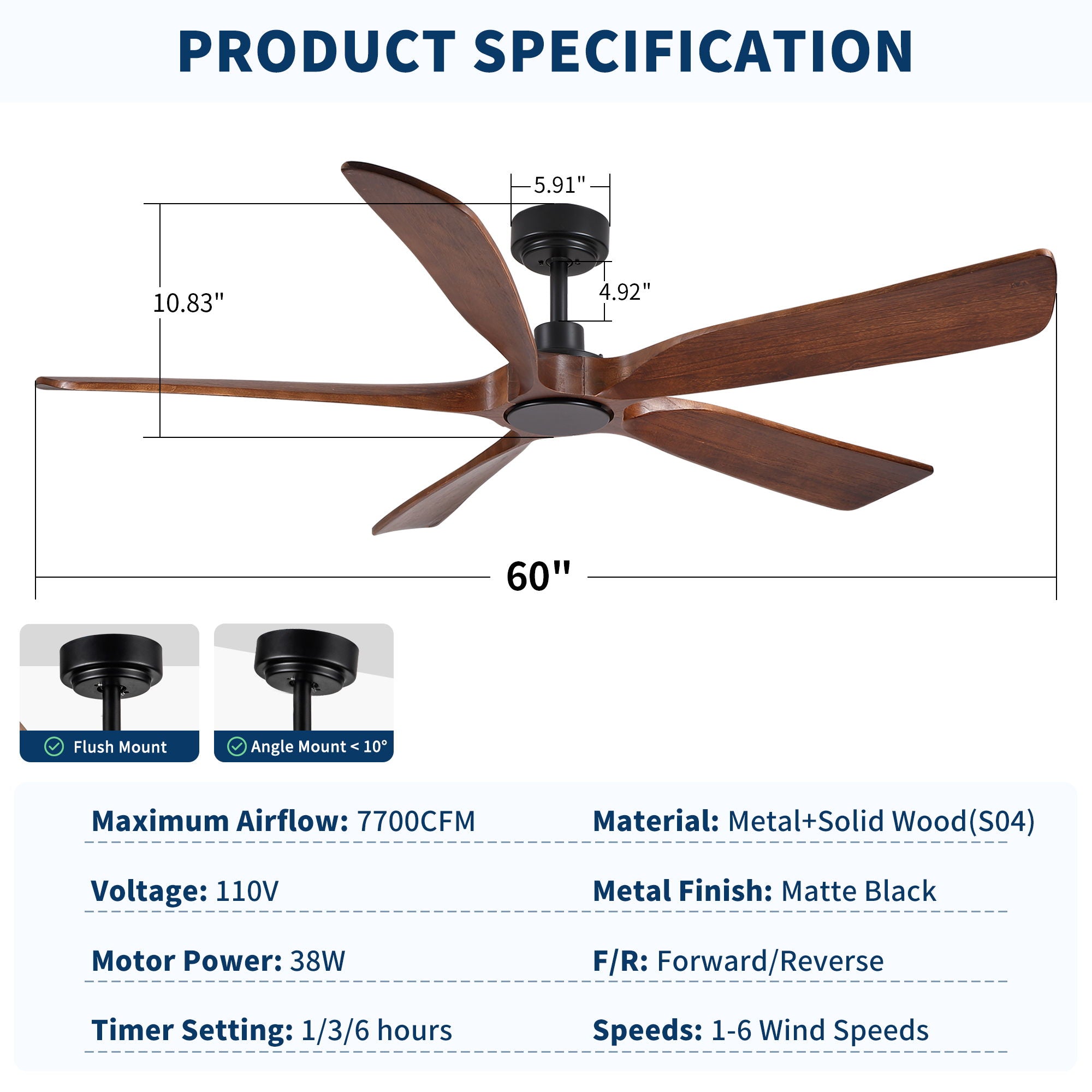 Ceiling Fan With Light And Remote Control, Noiseless, 6 Speeds Reversible, Quiet DC - Matte Black