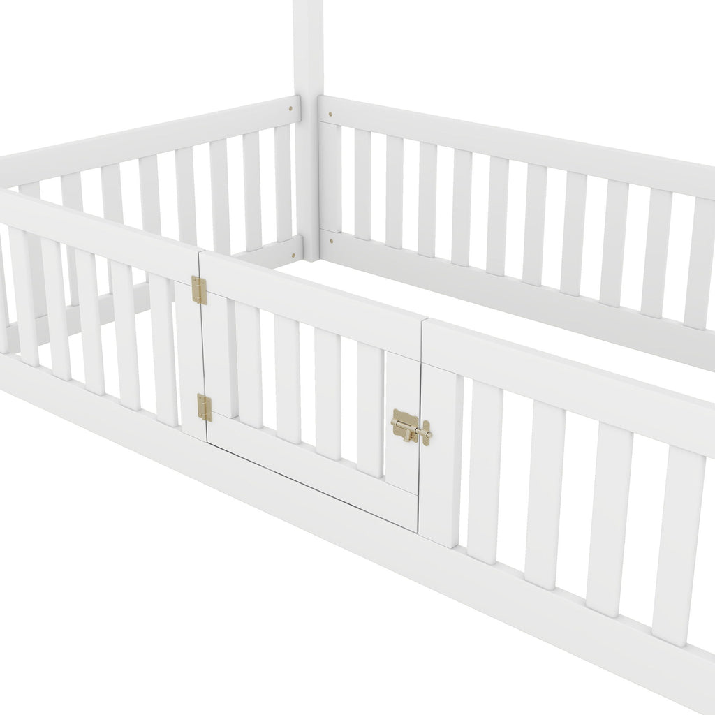 Wood House Bed With Fence And Door