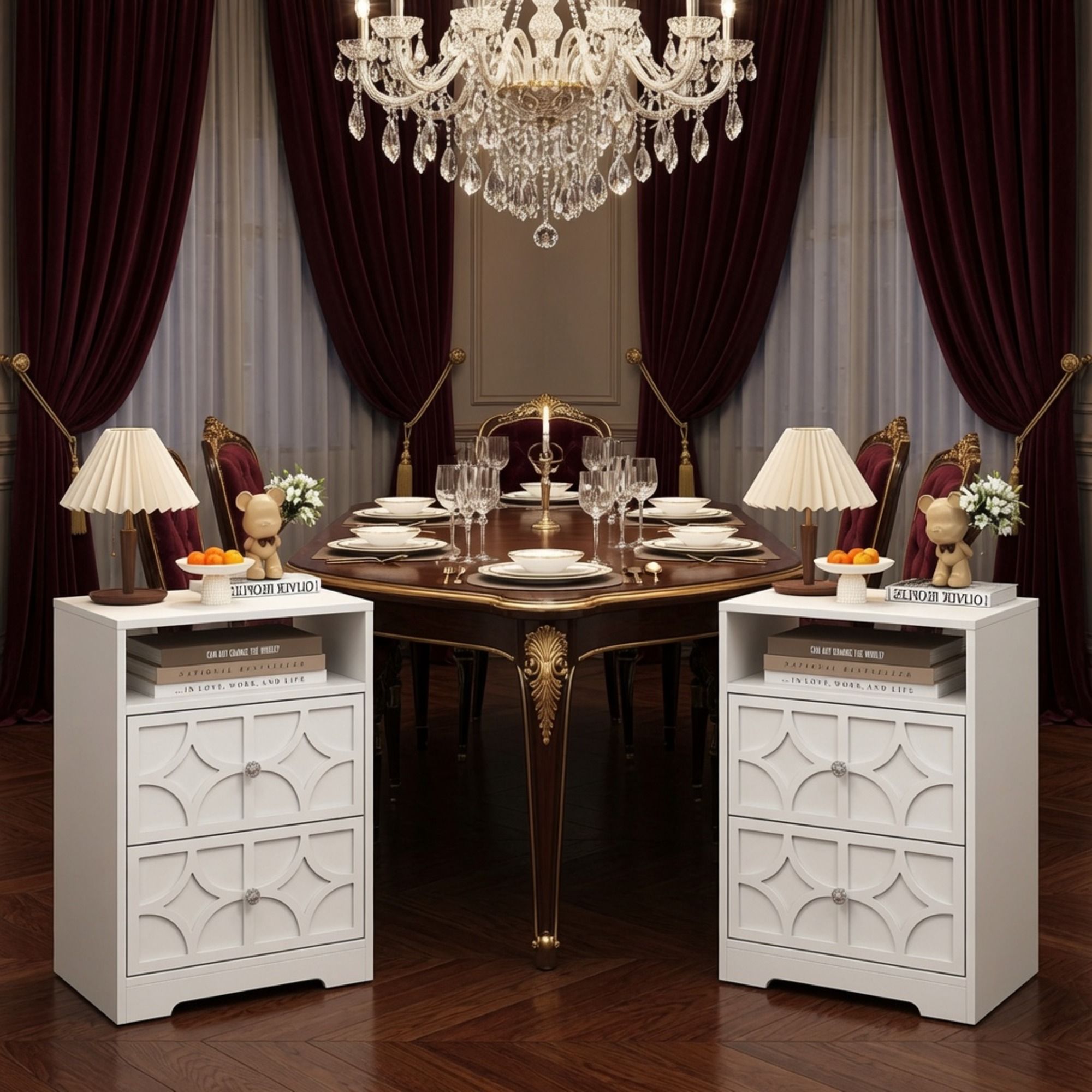 Nightstand With Diamond Carvings Handles, 2 Drawers & Charging Station
