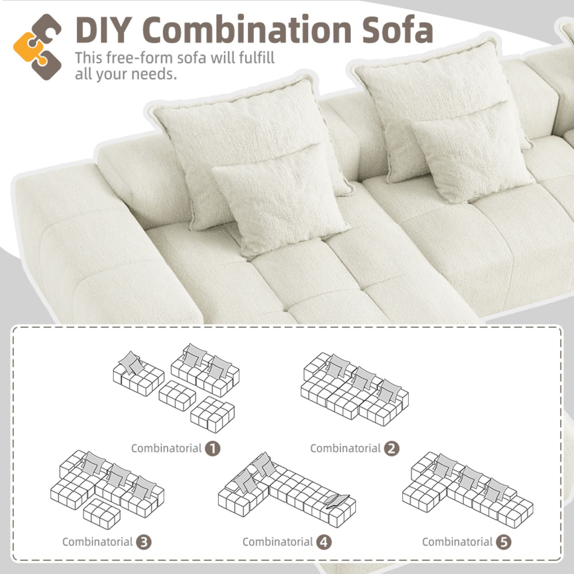 Modern Oversized Diy Combination Modular Sectional Sofa With Pillows