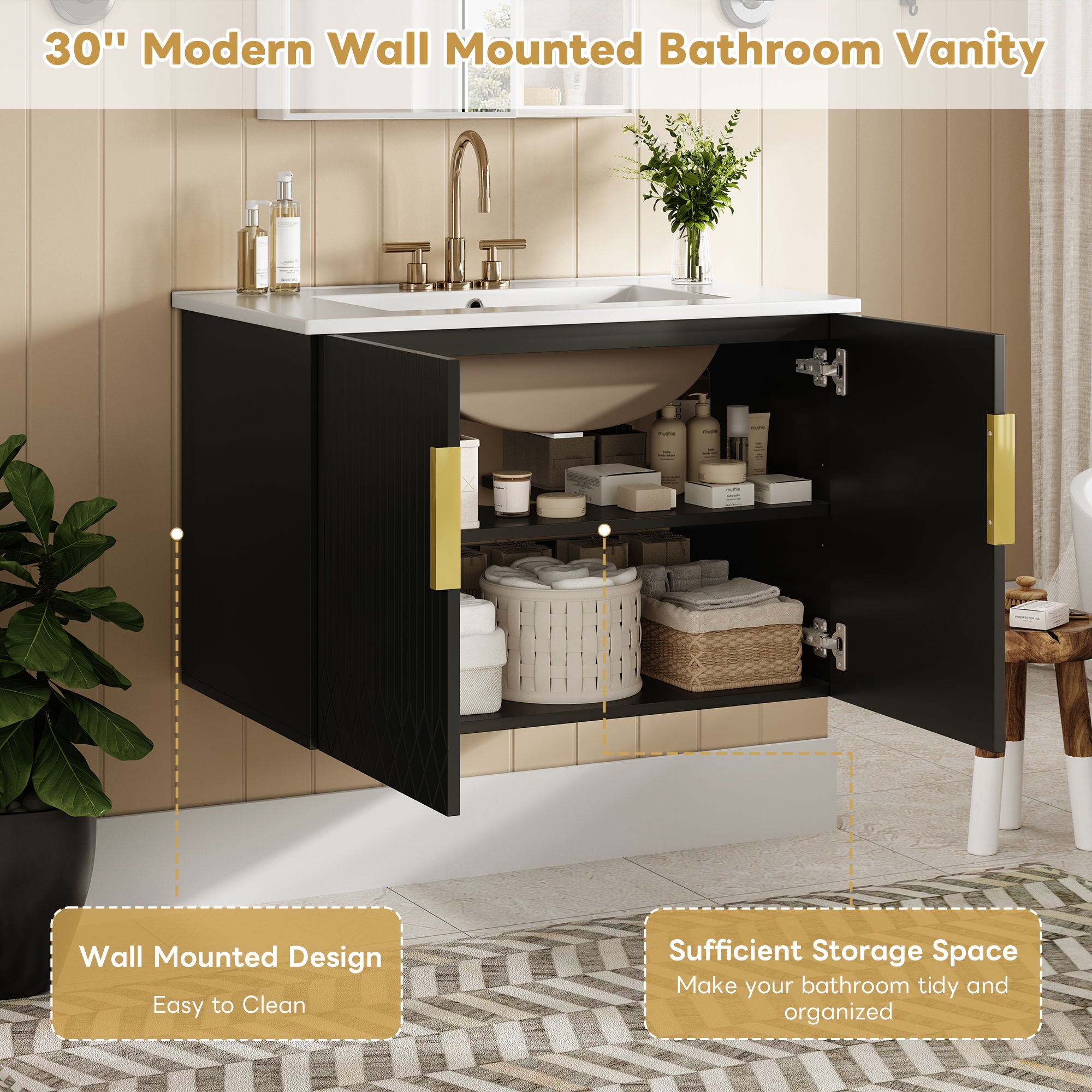 Bathroom Vanity With Sink, Rectangular Storage Cabinet With 2 Soft Closing Doors
