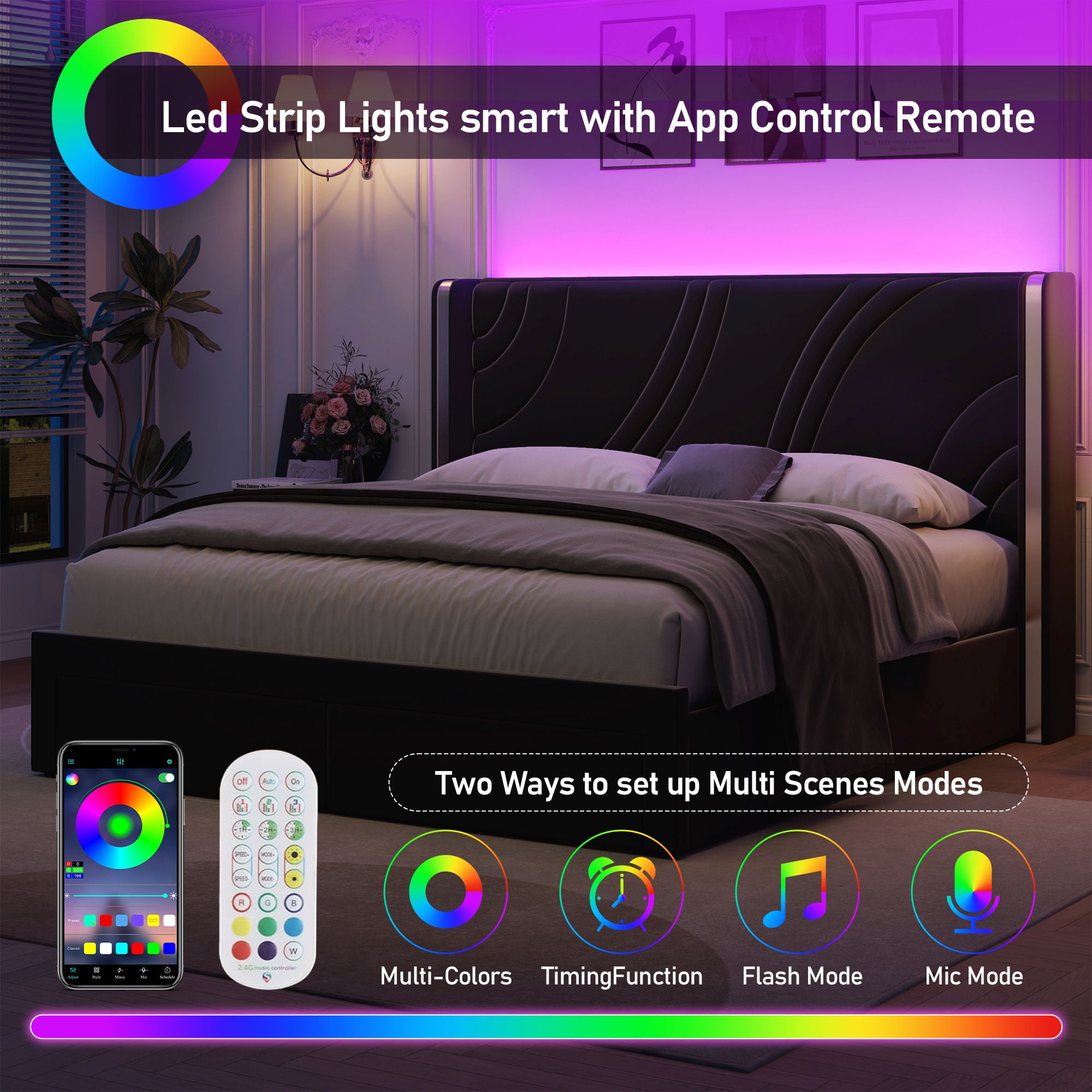 Modern Upholstered LED Bed Frame With Storage Drawers, Wingback Headboard, RGB Light