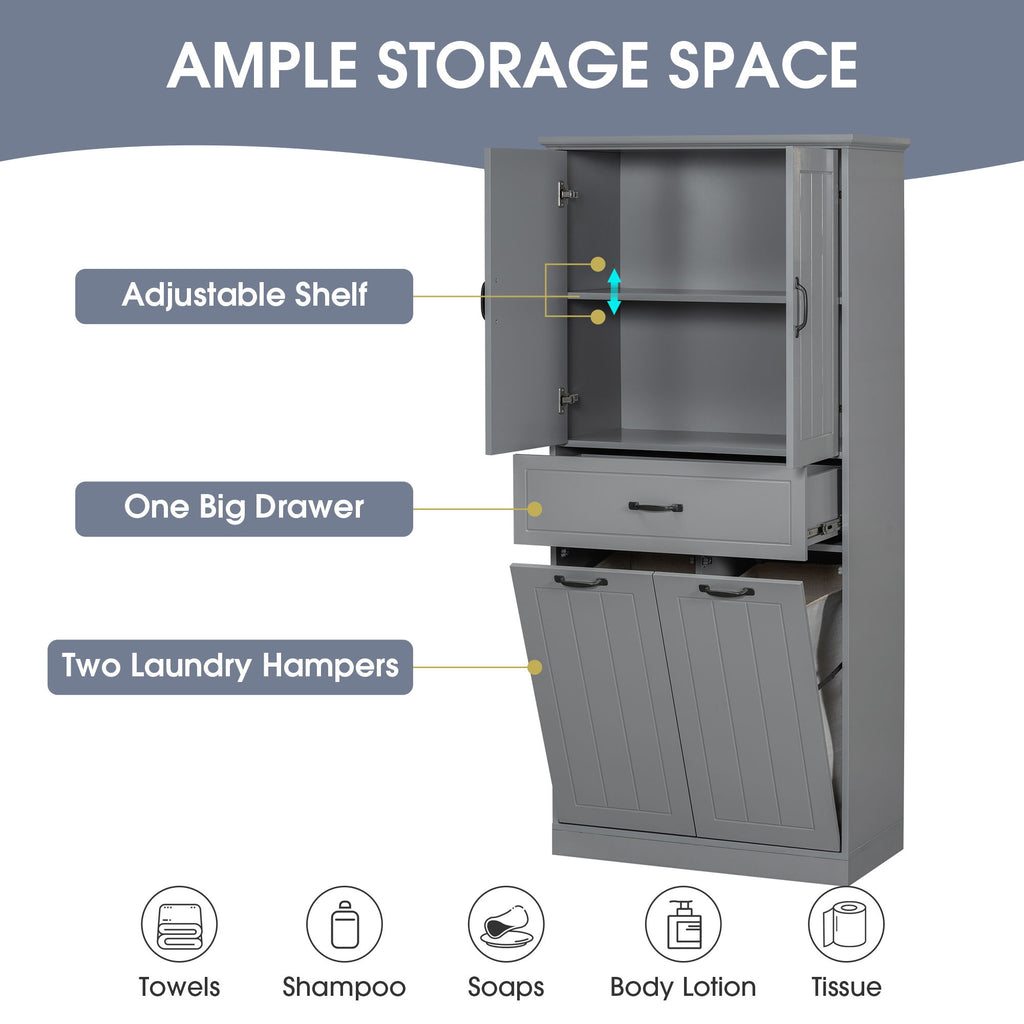 Modern Bathroom Storage Cabinet With Two Laundry Baskets, One Drawer, Adjustable Shelf