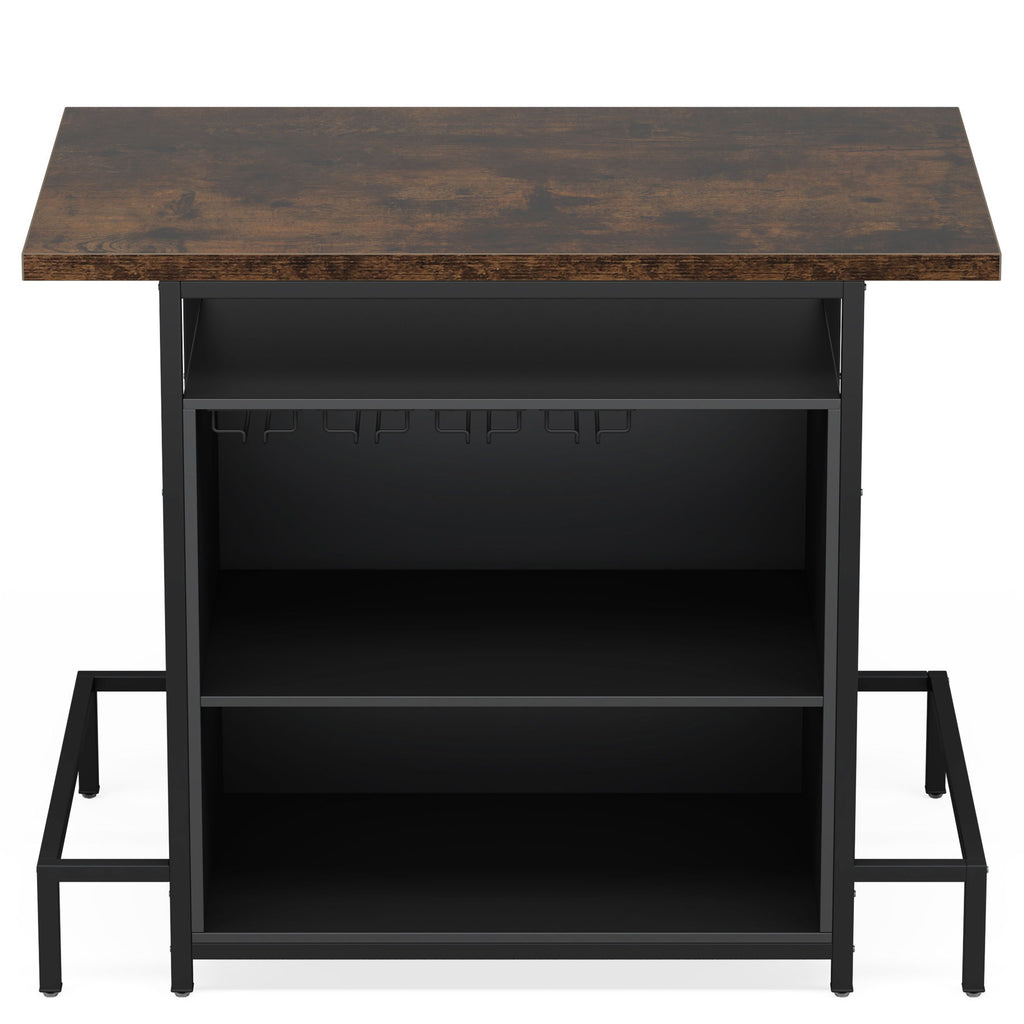 Home Bar Cabinet With 3 Tier Storage & 4 Wine Glass Racks - Brown / Black