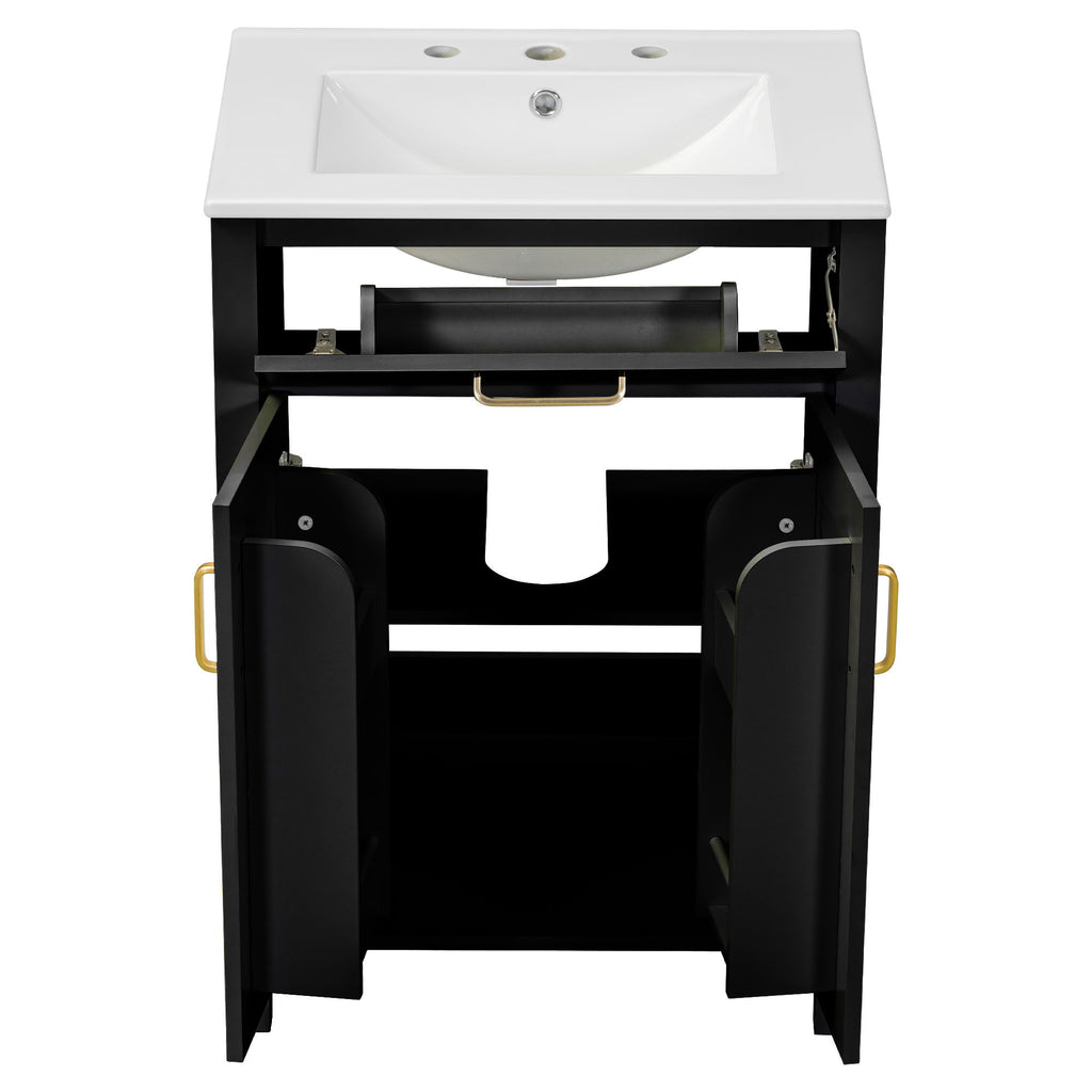 Modern Bathroom Vanity With Ceramic Sink, Soft-Close Doors, Flip Drawer, U-Shaped Shelves, Elegant Storage Solution