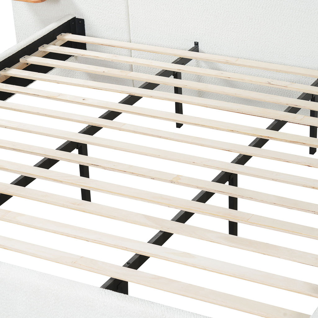 Upholstered Platform Bed Frame With Curved Headboard, Built-In Floating Shelves