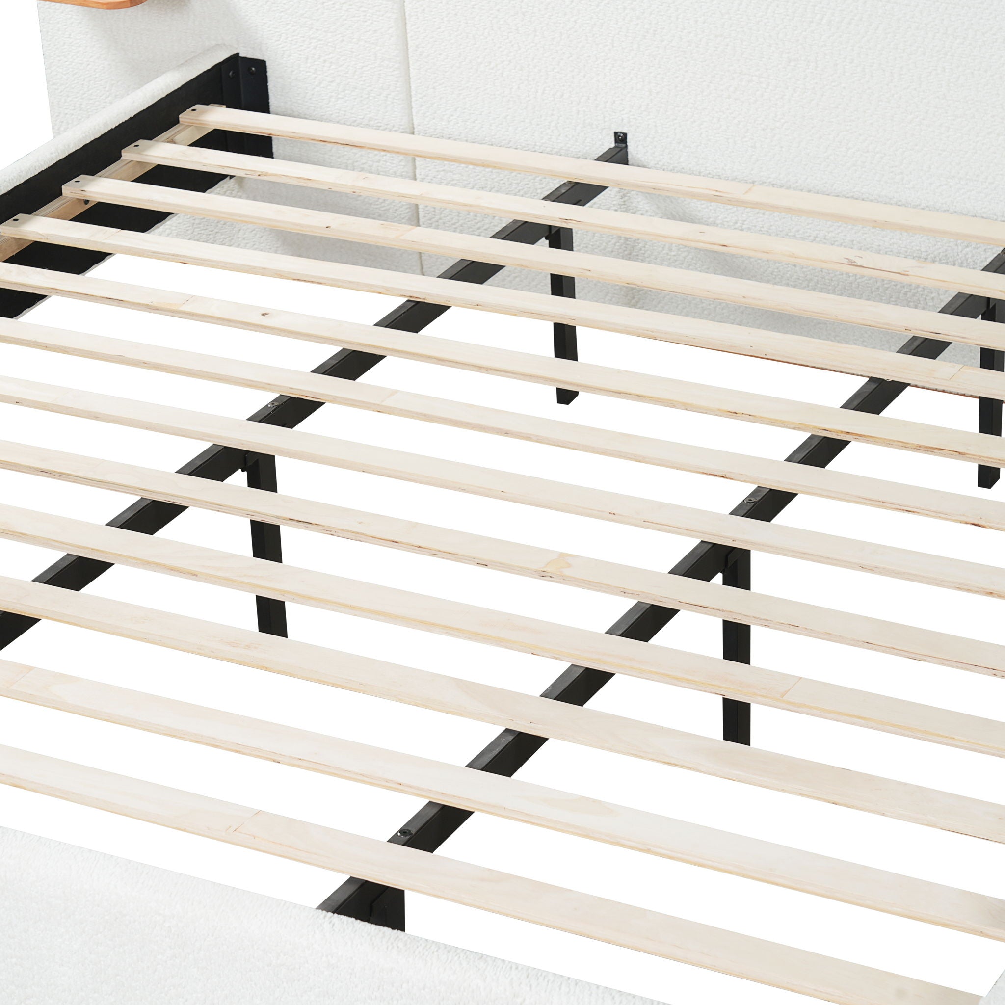 Upholstered Platform Bed Frame With Curved Headboard, Built-In Floating Shelves