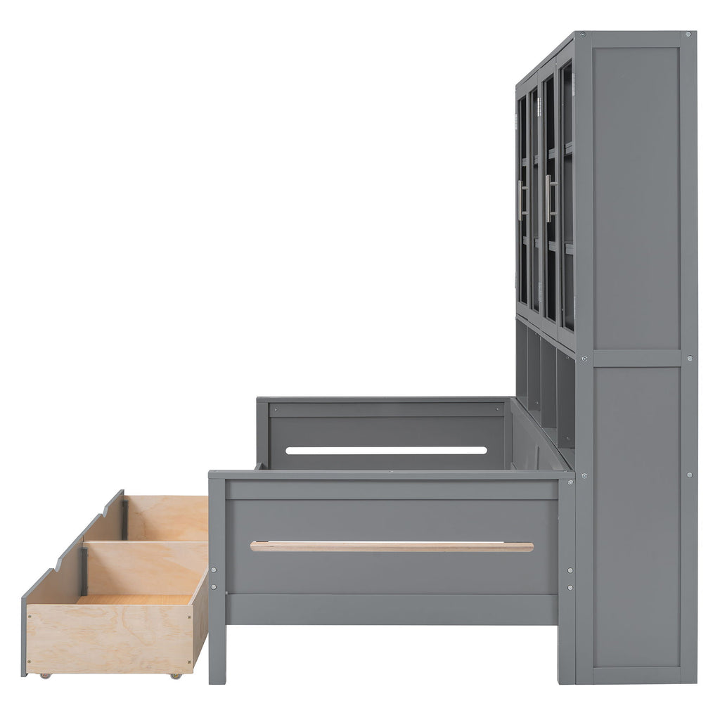 Daybed With Glass Door Storage Cabinets, Built In LED Lighting And Shelves