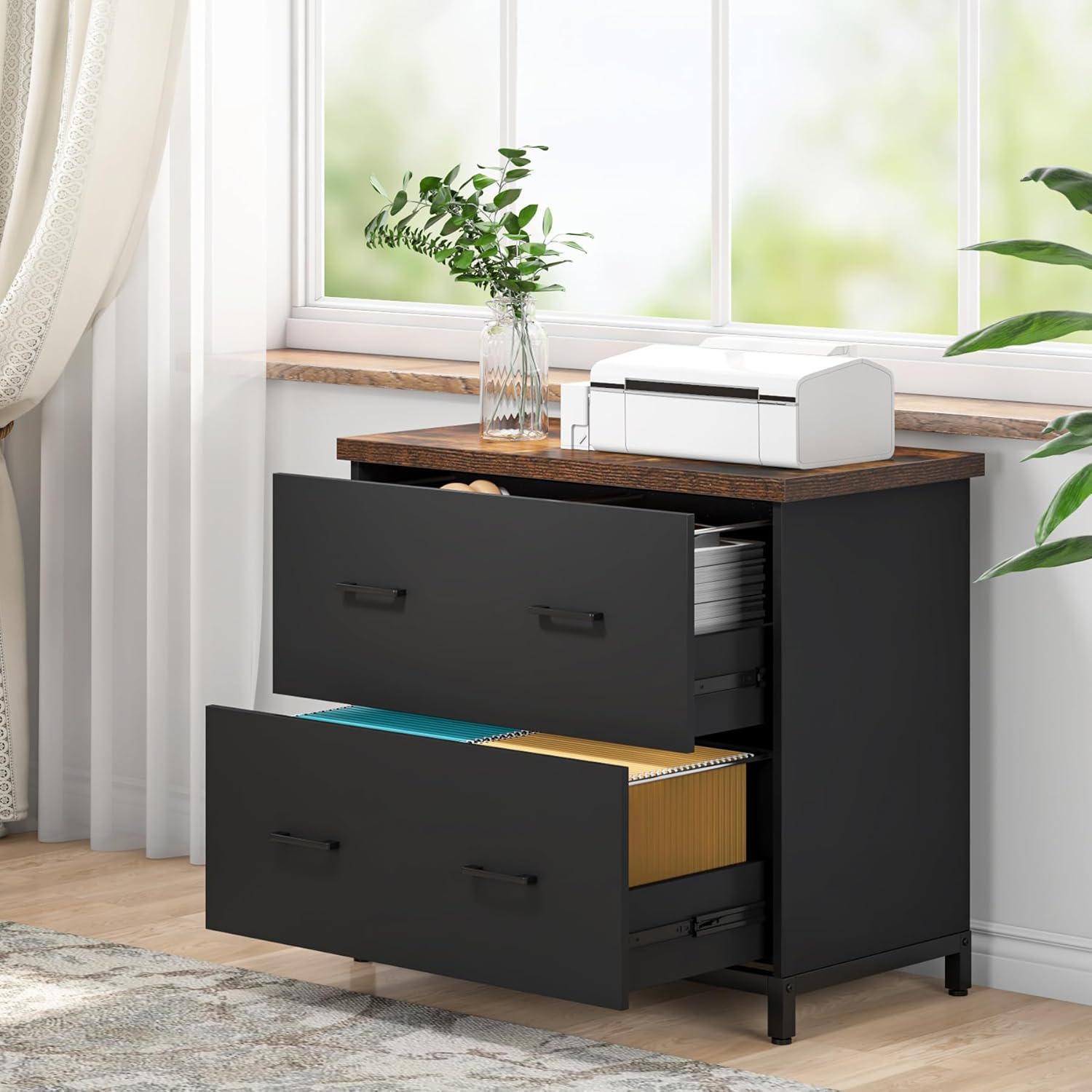 2 Drawer Lateral File Cabinet, A4 / Letter Size, Heavy Duty Storage For Home Office - Brown / Black