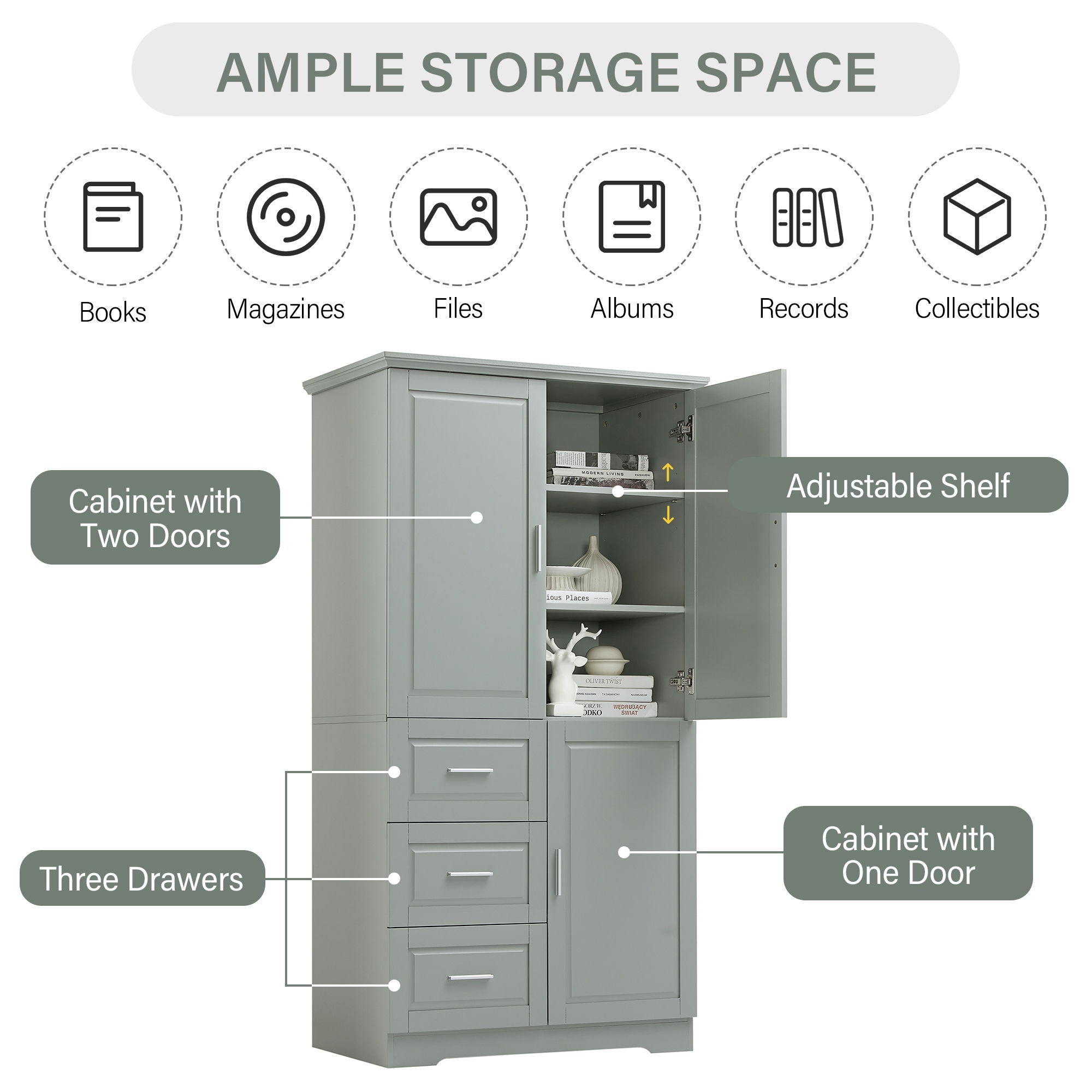 Tall And Wide Storage Cabinet With Doors For Bathroom Or Office, 3 Drawers - Gray