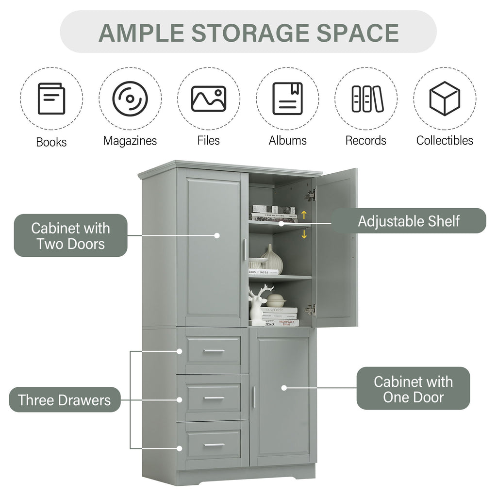 Tall Wide Storage Cabinet With Doors, 3 Drawers