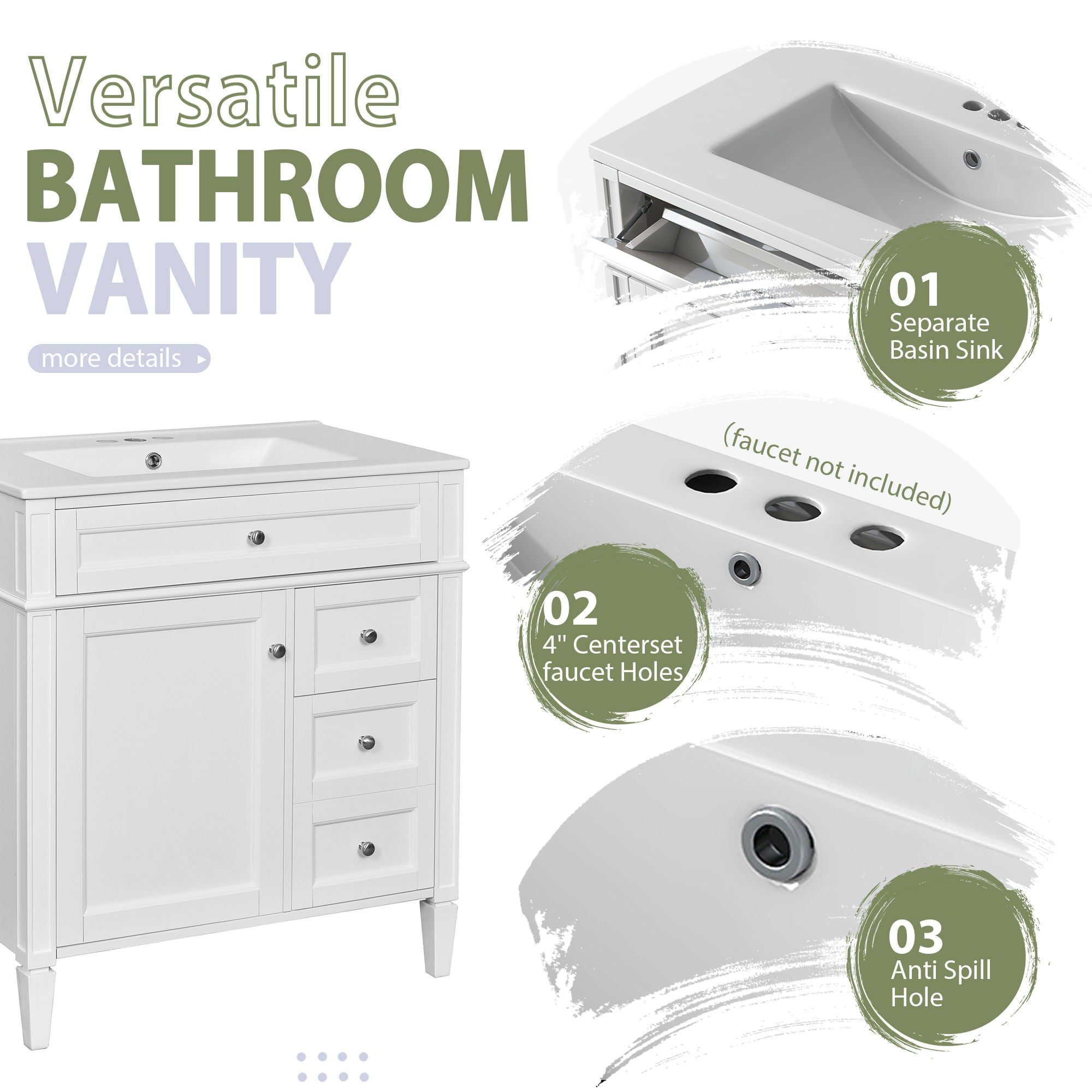 Bathroom Vanity With Top Sink, 2 Doors And 3 Drawers, Freestanding Set With Mirror Cabinet