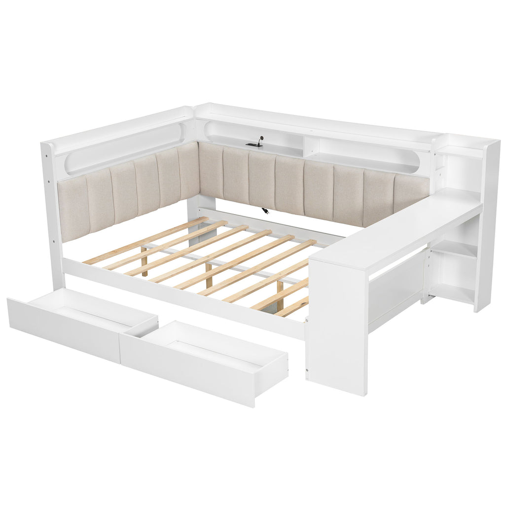 Daybed With Upholstered Headboard, Storage Shelves, Drawers, Charging Station, LED Light, And Adjustable Desk
