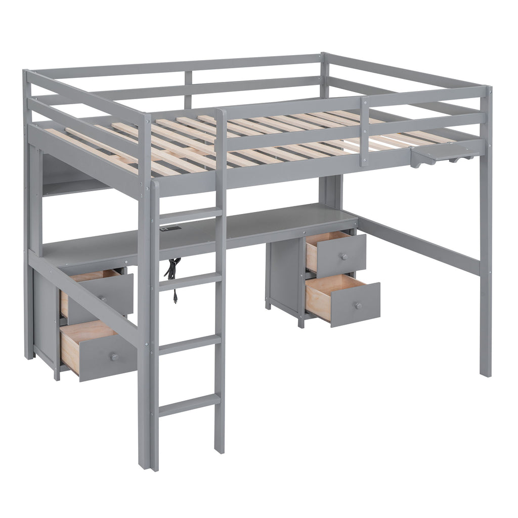 Loft Bed With Desk, Cabinets, Drawers, Charging Station And Bedside Tray