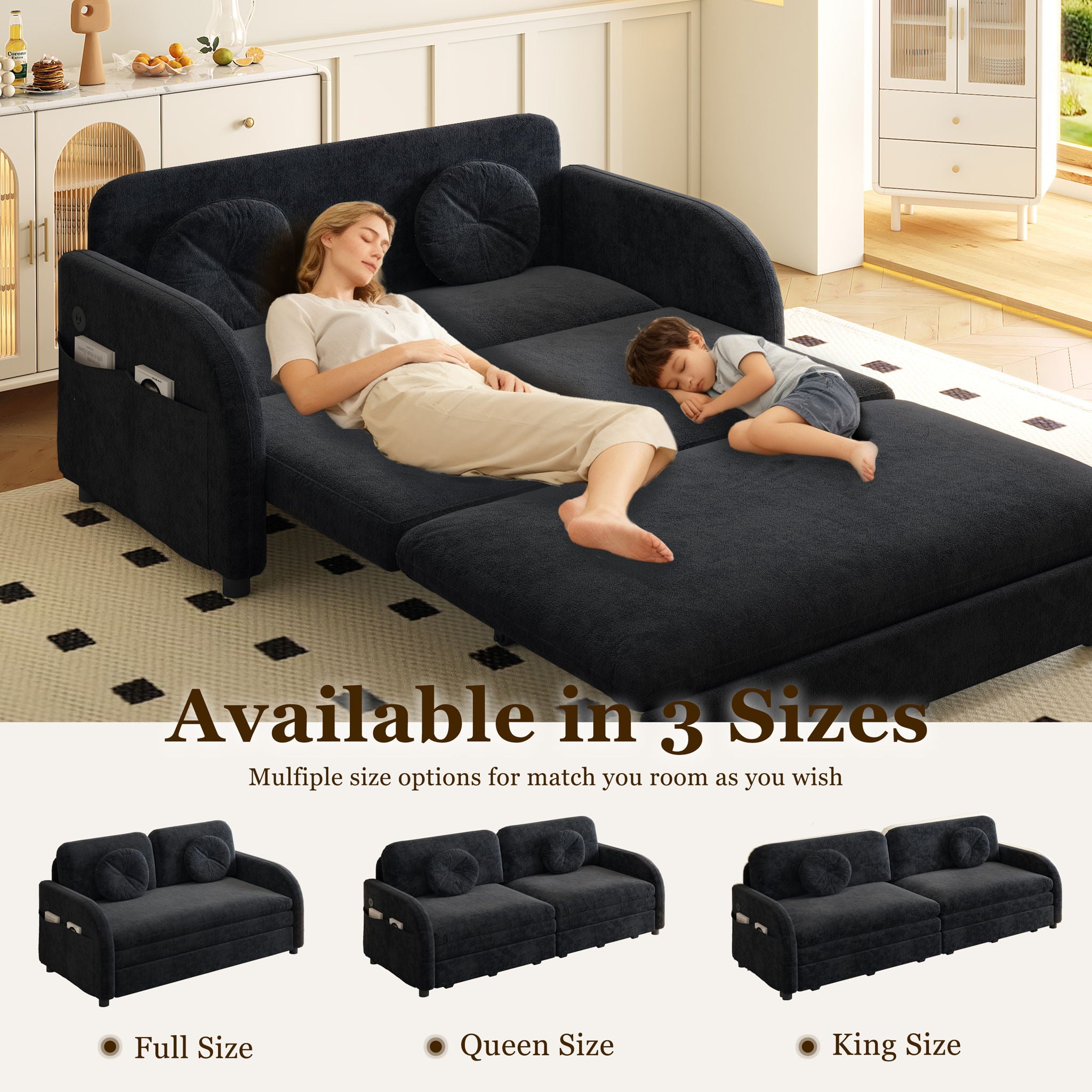 Upholstered Pull Out Couch With Side Pocket & USB Port