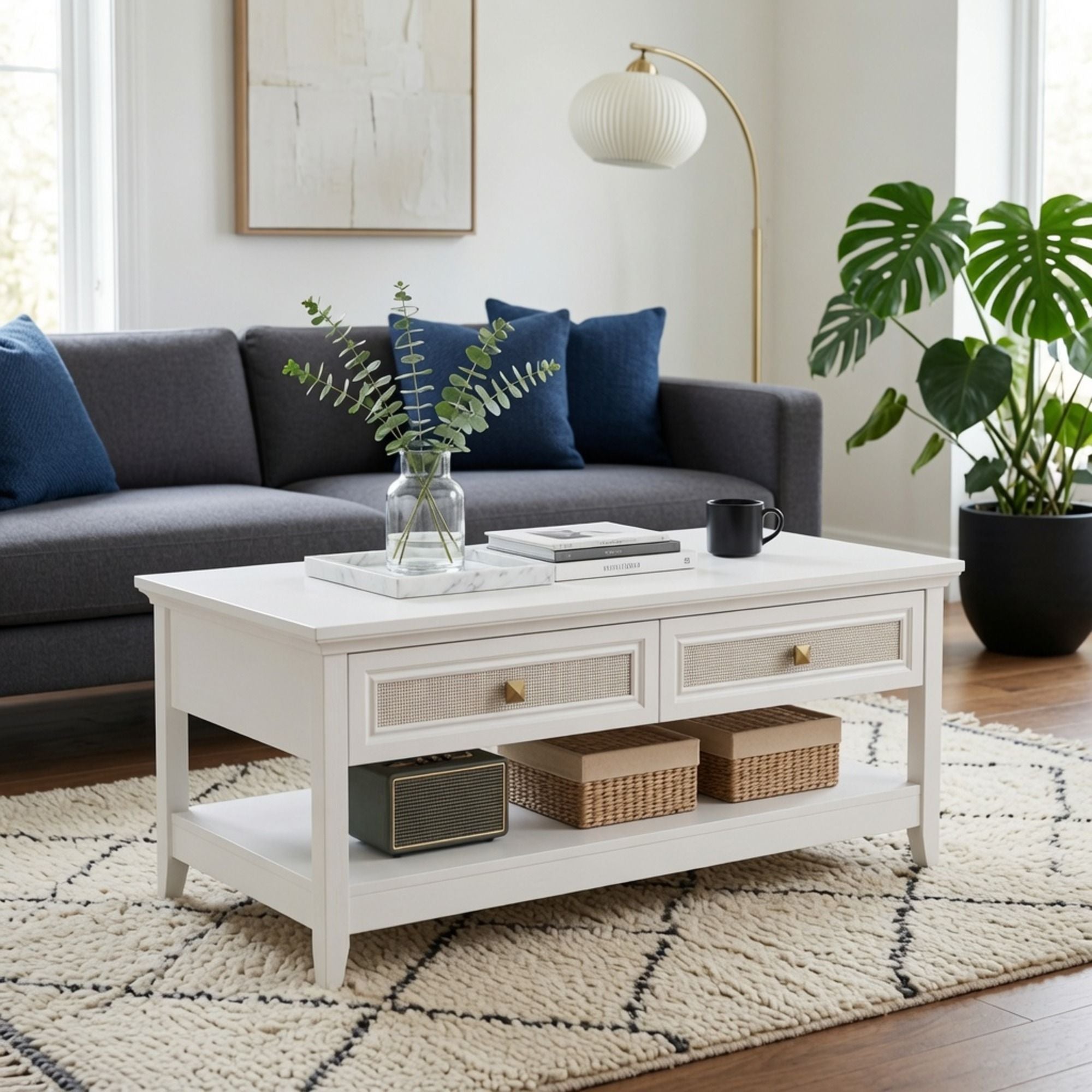 Coffee Table With Drawers & Storage Shelf - White